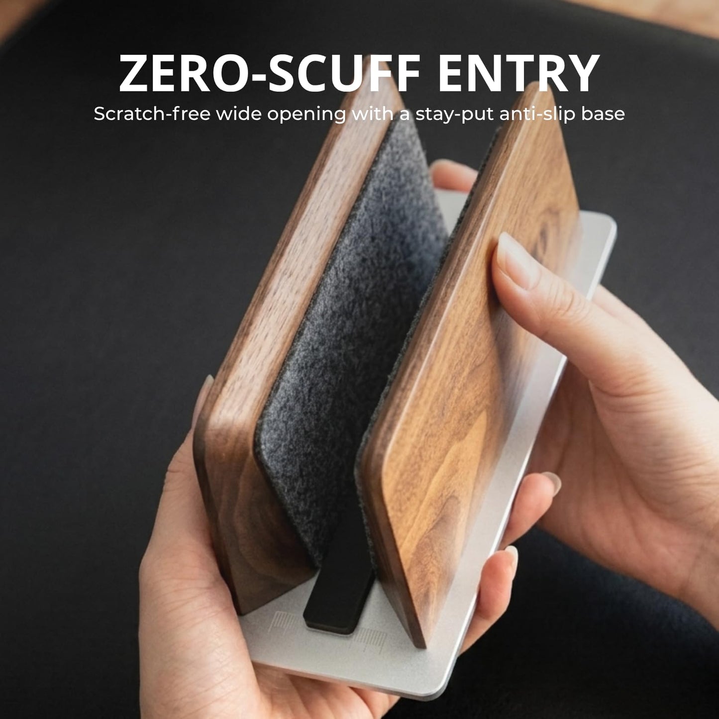 muso Wood Vertical Laptop Stand, Single Slot Walnut Wood Laptop Holder Vertical with Adjustable Dock Size, Adjustable Width for MacBook and Other Laptops, Space-Saving Desk Organizer for Small Office