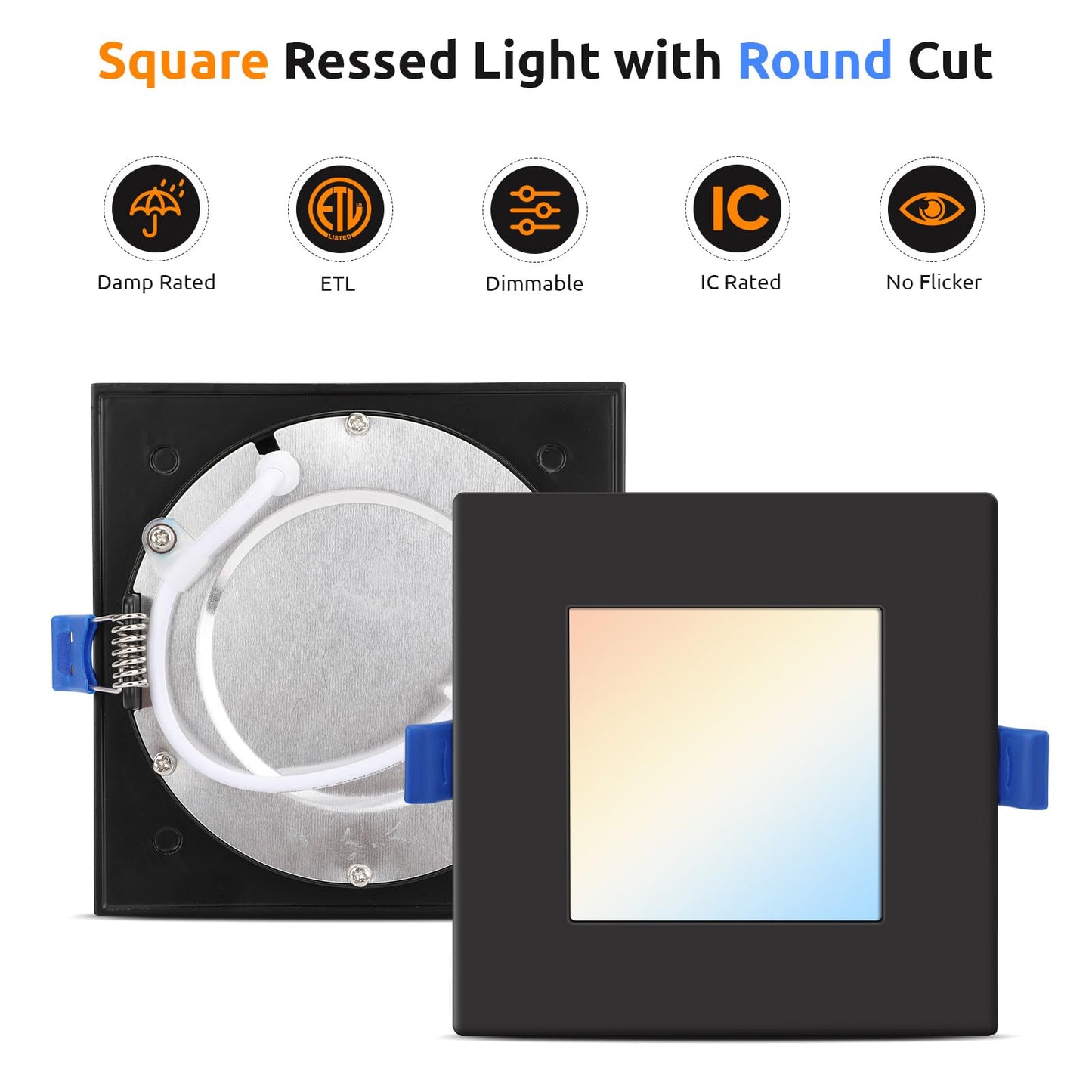 HONZIN Square LED Recessed Slim Pot Lights 4 Inch, 5CCT 2700K/3000K/3500K/4000K/5000K Selectable, 9W, IC Rated, Dimmable Square Black Trim with Junction Box (6 Pack)
