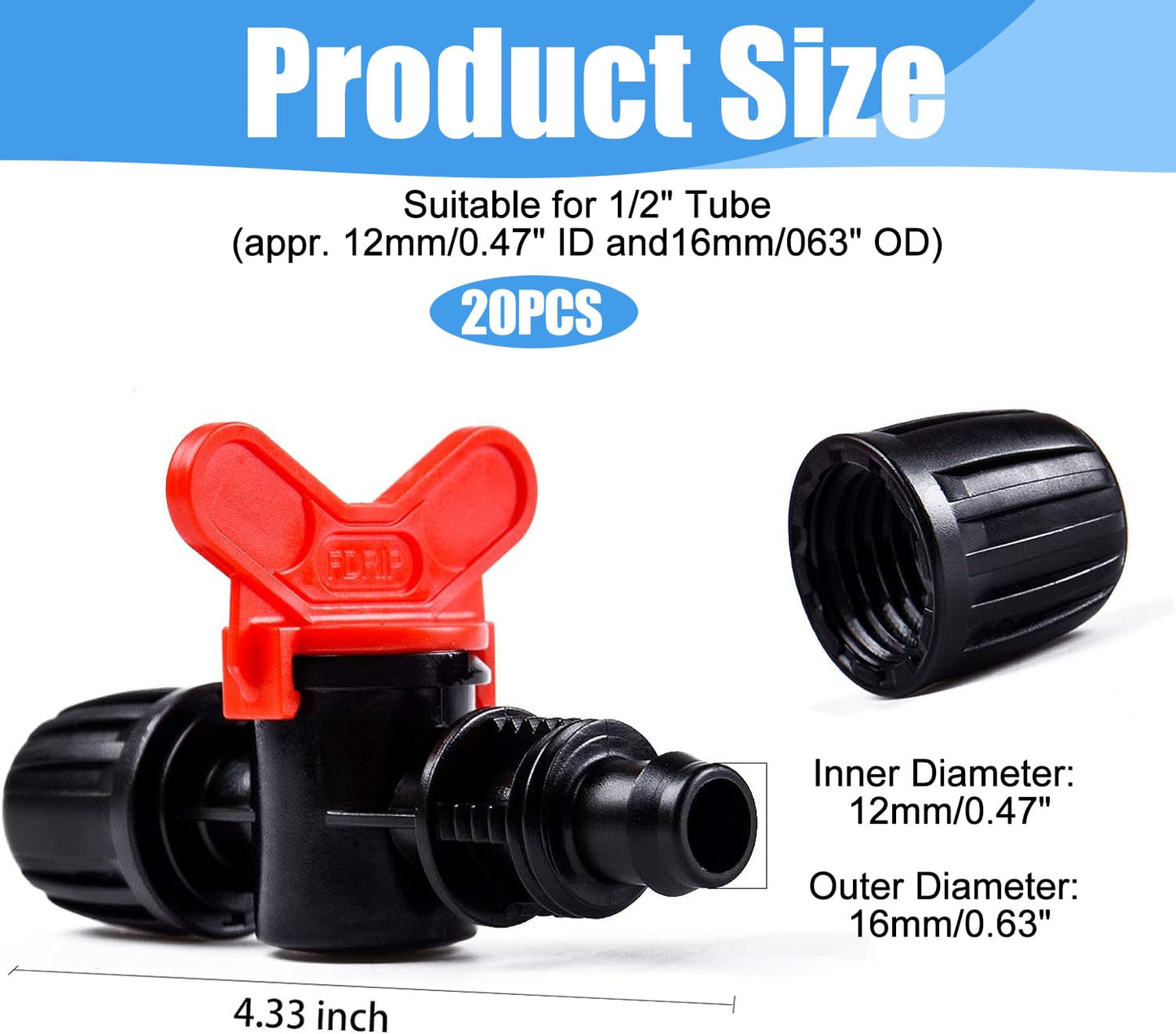 Kalolary 20PCS Drip Irrigation Switch Valves, 1/2" Barbed Lock Shut Off On Valves in-line Barbed Tee Switch Valve for 1/2 Inch Tube 16mm Irrigation Valve Fittings with Lock for Garden Sprinkler System