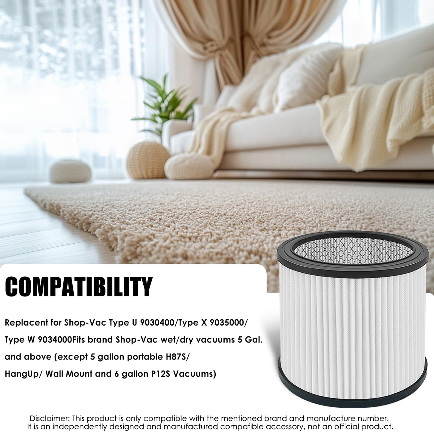 Nerans 2 Pack 90304 Replacement Filter Compatible with Shop Vac 90304 90350 90333 Wet Dry Vac Cartridge Filter with lids and Filter Foam Sleeve, Fits Most 5 Gallon and Above Shop Vac Vacuum Cleaner