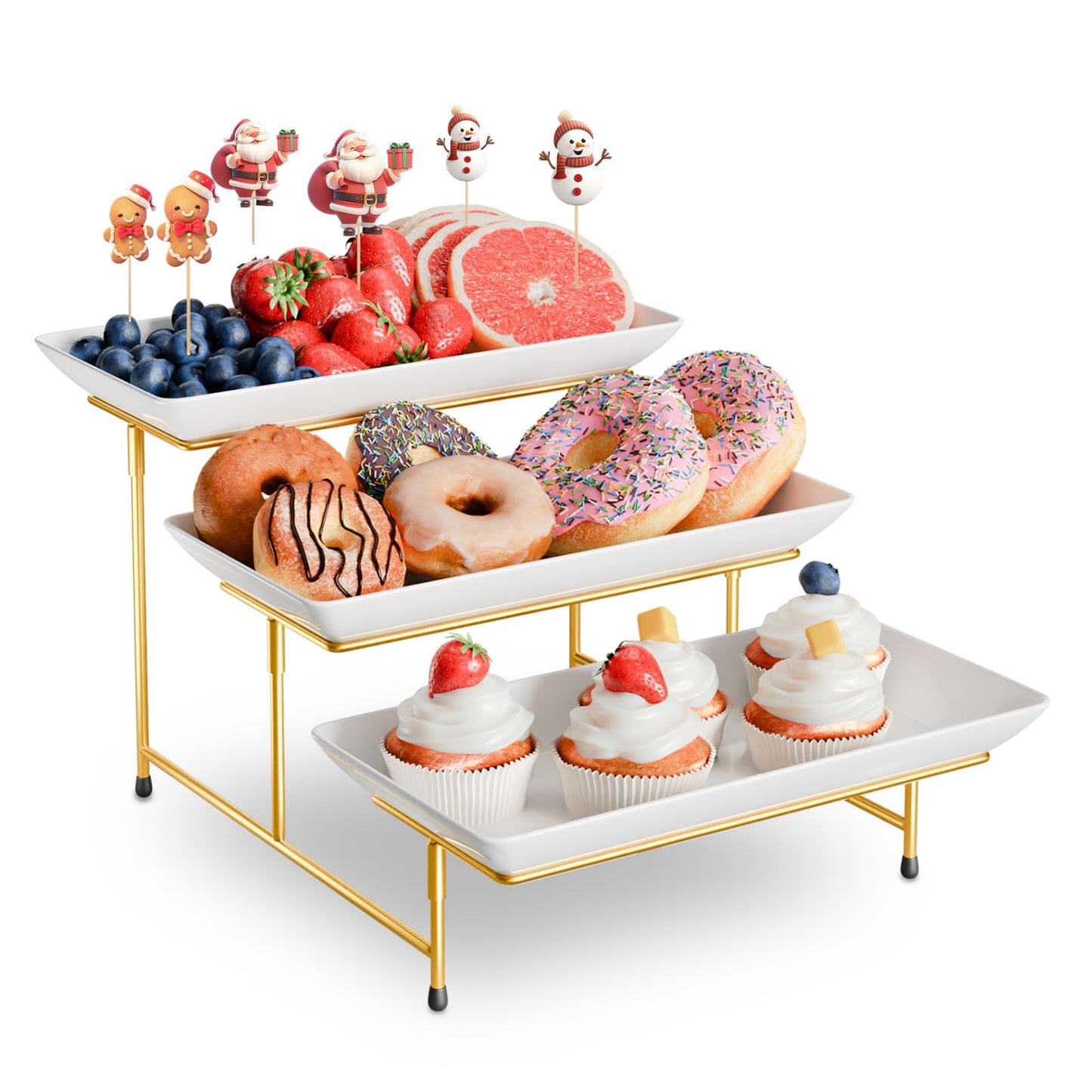Bumusty 3 Tier Melamine Plastic Serving Tray Set, 11.8" x 5.7" Platters for Serving Food, Microwave-Safe, White Reusable Trays with Black Metal Display Stand for Cupcakes, Dessert, Fruit,Cookie,Gold