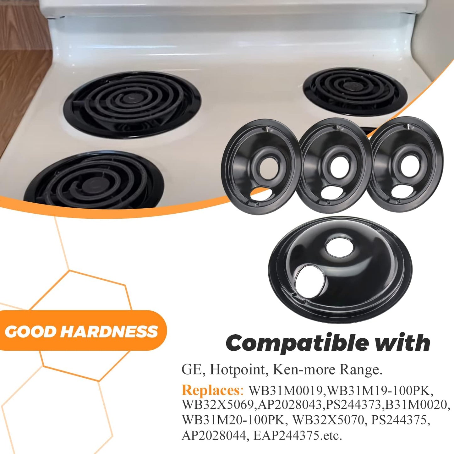 WB31M19 WB31M20 Stove Burner Drip Pans Black Compatible for GE Hotpoint Electric Stove Burner Range Cooktop Includes (2) 6" and (2) 8" black Drip Pans