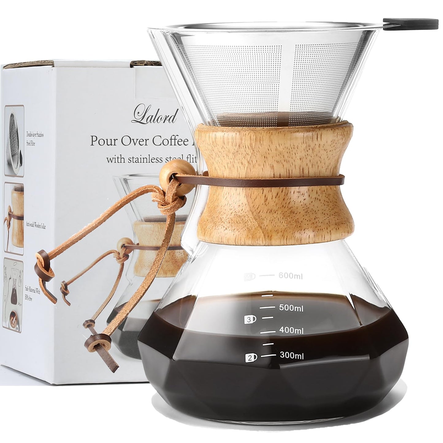 Lalord Pour Over Coffee Maker with Stainless Steel Filter, 600 ml Borosilicate Glass Coffee Maker Carafe, Wooden Collar, Coffee Dripper Brewer, Hold 3 Cups, 20 oz, Clear
