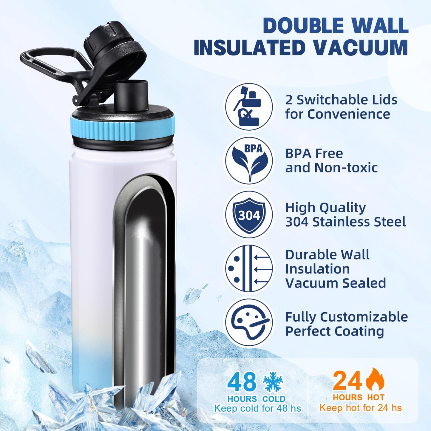 CoolSub Sublimation Sports Water Bottle Blanks, 20oz Sublimation Tumblers Double Wall Stainless Steel Sublimation Cups with Wide Mouth Lid and Straw 6 Packs