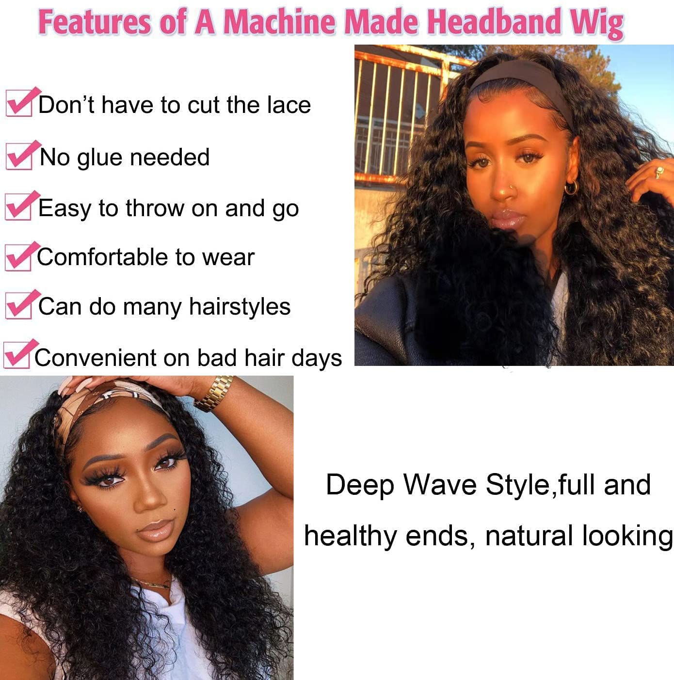 Human Hair Headband Wig 14 Inch Deep Wave Curly Headband Wigs Human Hair Wigs for Women Human Hair Perruque femme cheveux humain naturel Brazilian Real Black Hair Headband Wigs for Black Women
