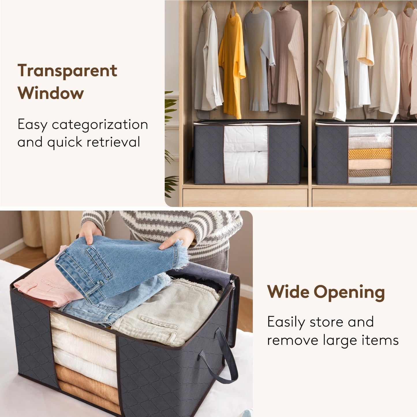 Lifewit 90L Large Capacity Clothes Storage Bags Organizer with Reinforced Handle, Foldable Clothing Storage for Comforters, Blankets, Bedding, with Sturdy Zipper, Clear Window, 6 Pack, Grey