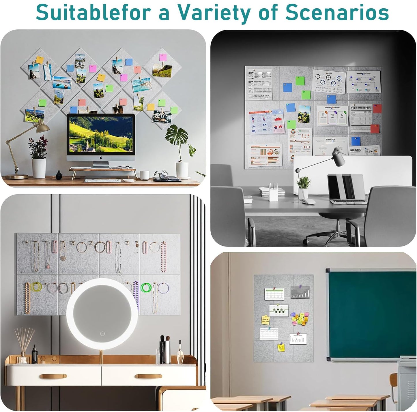 SOYANGNEK Cork Bulletin Board Alternative, 47"x35" Removable Felt Cork Board Tiles for Wall, 12 Pack 11.8 "x11.8 Large Bulletin Board Notice Pin Board for Office, School & Home（Light Gray）