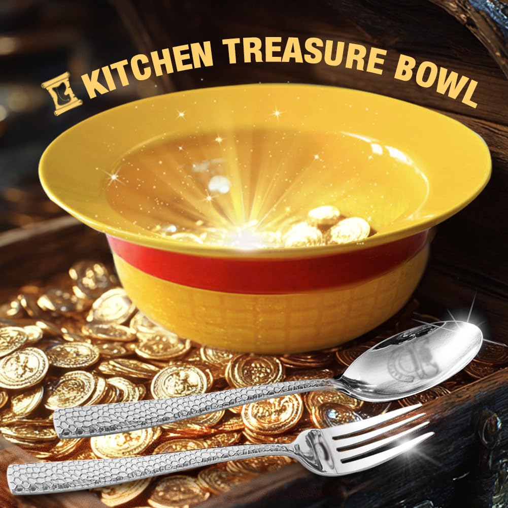 Straw Hat Ceramic Bowl Set w/Spoon Fork & Chopsticks - Novelty Ramen Bowl