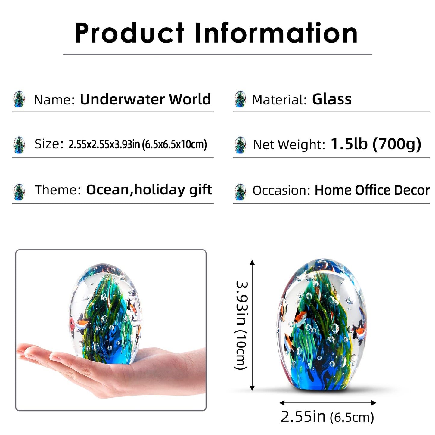 Hand Blown Underwater World of Glass,Office Paperweight Glass for Desk,Home Decor Collectible,Aquarium Decor,Office Decor Ocean Lovers