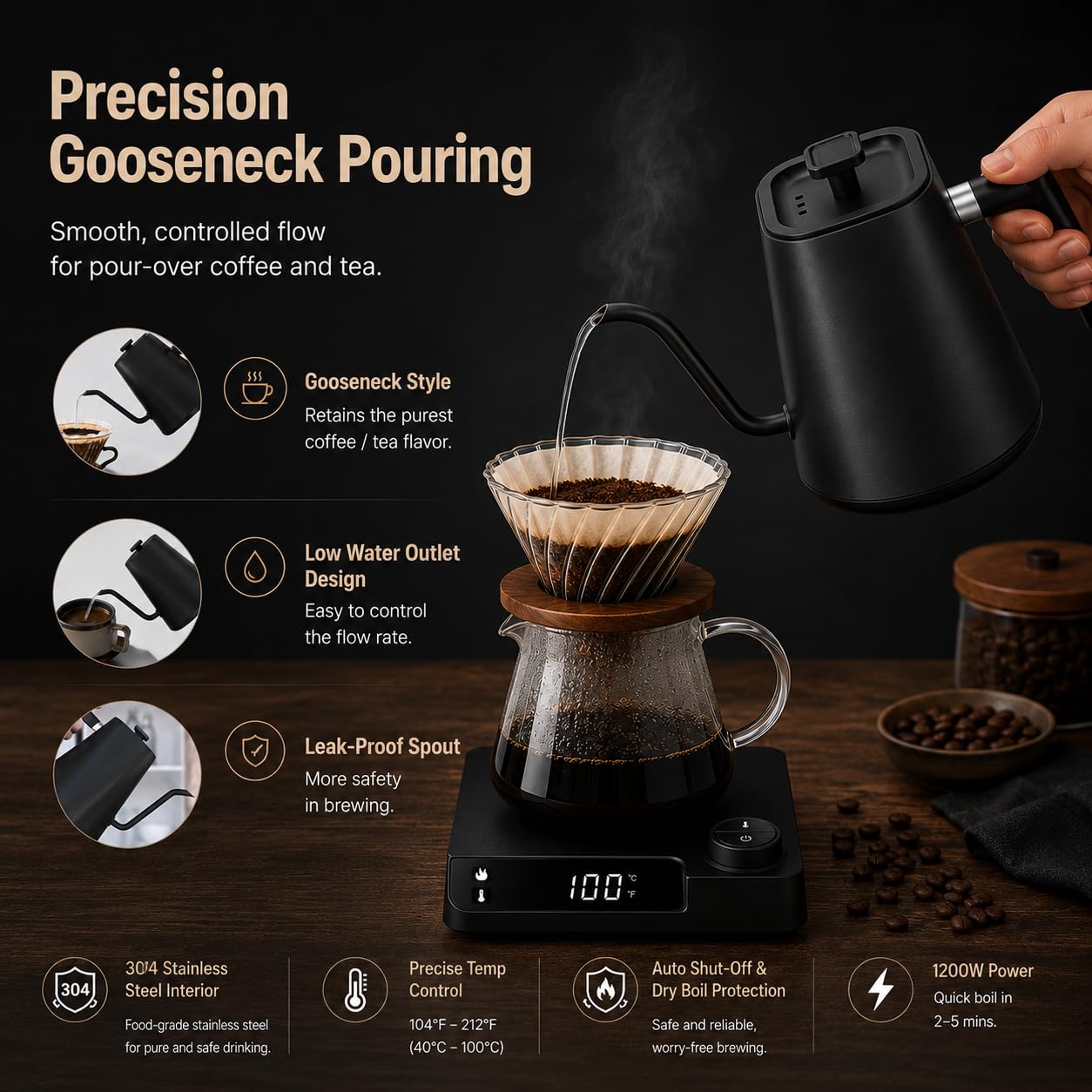 VICBINLY Electric Gooseneck Kettle, 1.0L Pour Over Kettle and Coffee Kettle, 100% Stainless Steel Inner Lid and Bottom, 1200 Watt Quick Heating, Matte Black TKBK02G