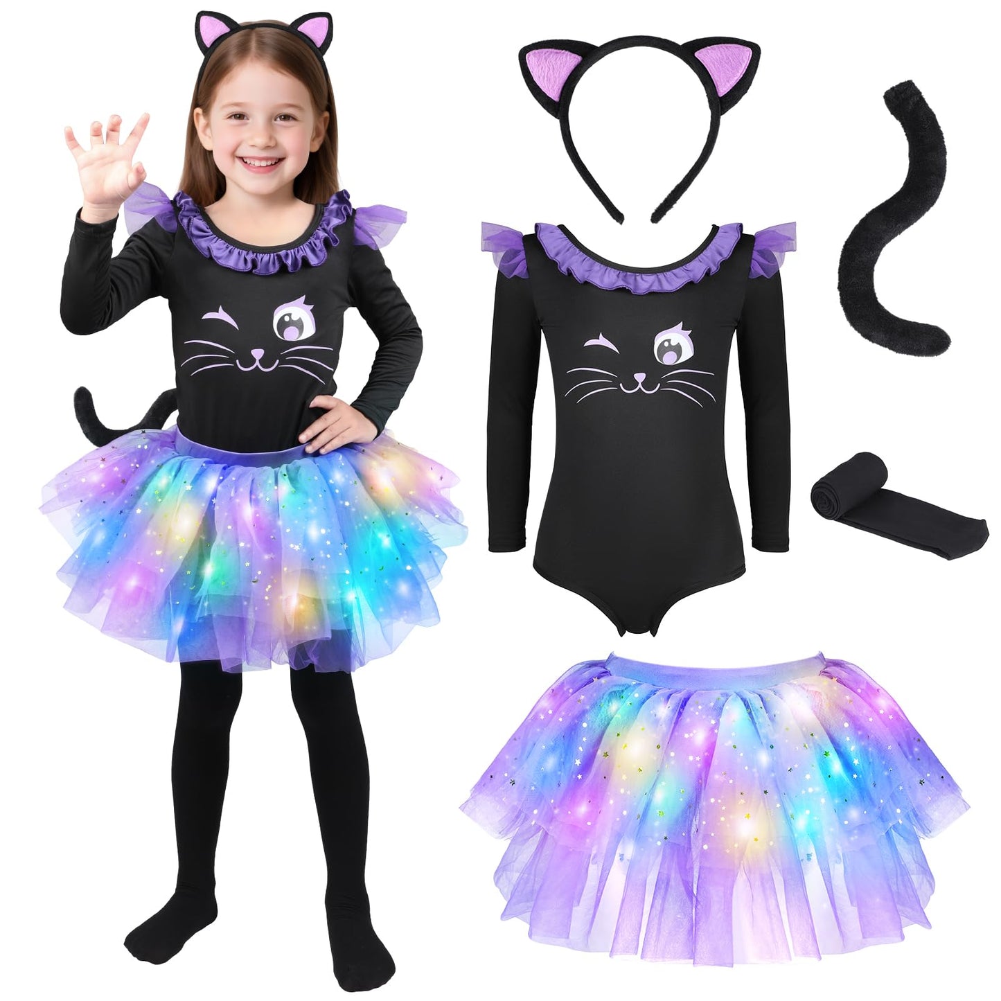 GIFTINBOX Cat Costume for Girls, Light Up Black Cat Costume, Halloween Animal Dress Up Costumes for Kids Age 3-8