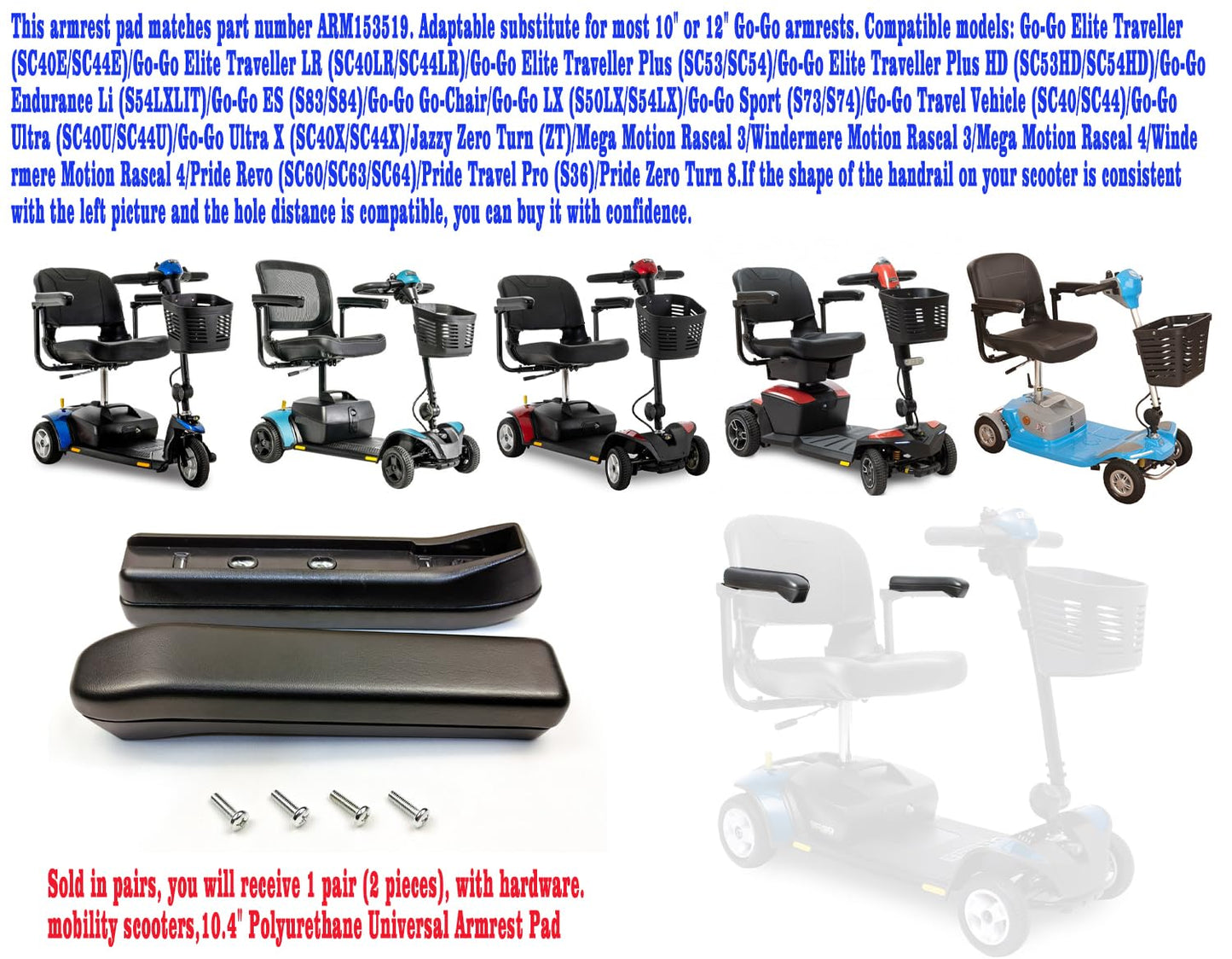 Arm Rest for Electric Mobility Scooters,10" Polyurethane Armrest Pad,W/Hardware,3-1/2" & 5-1/2" Hole Spacing,for Go-Go, Jazzy, Pride Electric Scooter,ARM153519,1Pr Black.