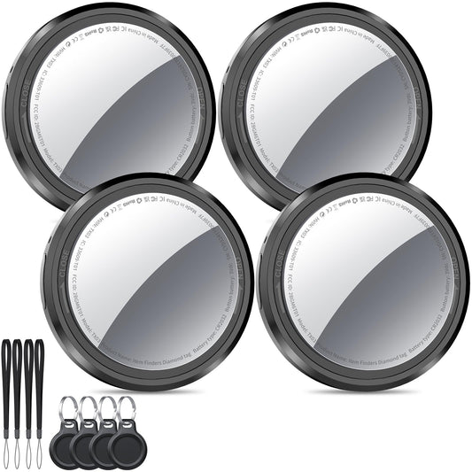 QCOQ Air Tracker Tags-4 Pack | Bluetooth Trackers Work with Apple Find My (iOS Only) with Mini Protective Case/Keychain/Lanyard, Item Finders for Luggage/Key/Suitcases, Replaceable Battery, Black