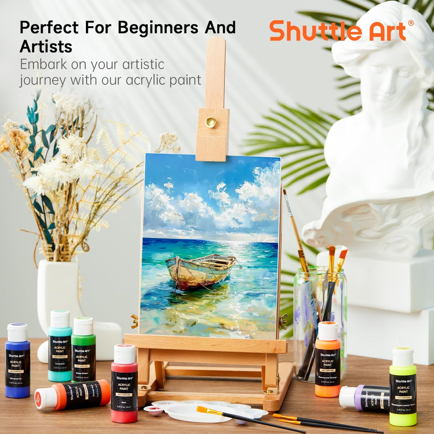 Shuttle Art Acrylic Paint, 25 Colors Acrylic Paint Set, 2oz/60ml Bottles, Rich Pigmented, Waterproof, Premium Acrylic Paints for Artists, Beginners and Kids on Canvas Rocks Wood Ceramic Fabric