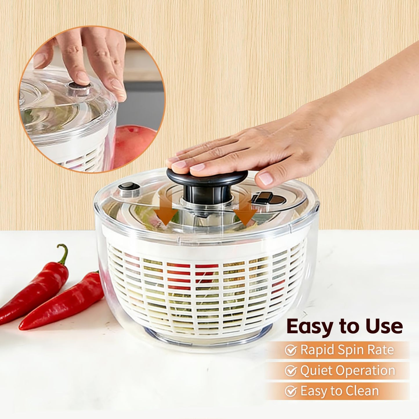 3.6L Salad Spinner, Vegetable Fruit Spinner – Compact Push & Spin Cleaner and Dryer with One-Button Stop, Clear Space-Saving Design for Greens, Herbs, Vegetables