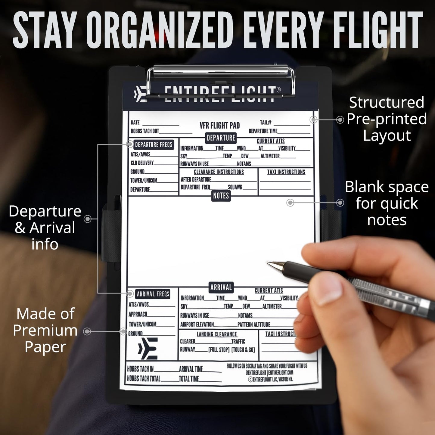 EntireFlight Aviation Pilot Kneeboard-VFR Black With Notepad-Premium Pilot Gear Aviation Accessories - Airplane Grade Aluminum-Elastic Knee Board Strap & Pen|Quality Box Included For Great Pilot Gifts
