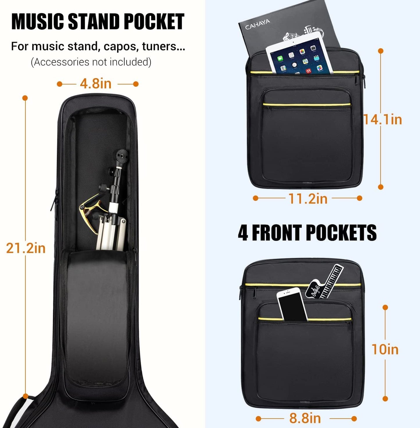 CAHAYA 44 Inch Guitar Bag Multi-Pockets for Jumbo and Dreadnought Yellow Line Guitar Case 0.47in Thick Padding Waterproof Dual Adjustable Shoulder Strap Gig Bag with Back Hanger Loop CY0284