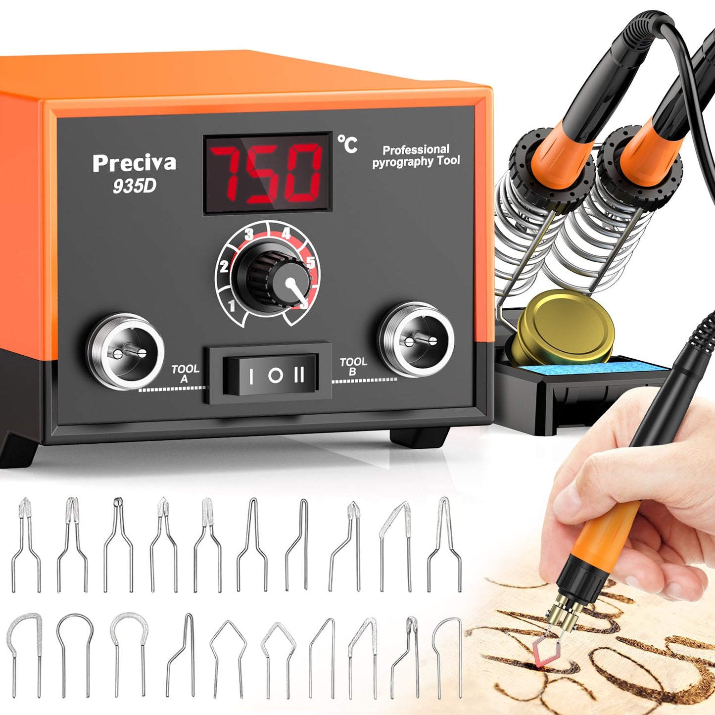 Preciva 935D Dual Pen Wood Burning Kit with Digital Display Wood Burning Tool with 2 Detachable Pens, 20 Wood Burner Tips, Dual-Barrel Holder. Suitable for Pyrography, Leather Burning Kit