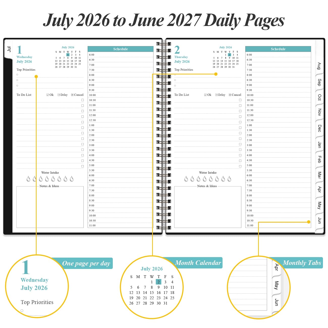 2026-2027 Daily & Monthly Planner - One Page Per Day, Daily Planner from July 2026 - June 2027, Planner 2026-2027 with 12 Monthly Tabs, 8.5" x 11", Black