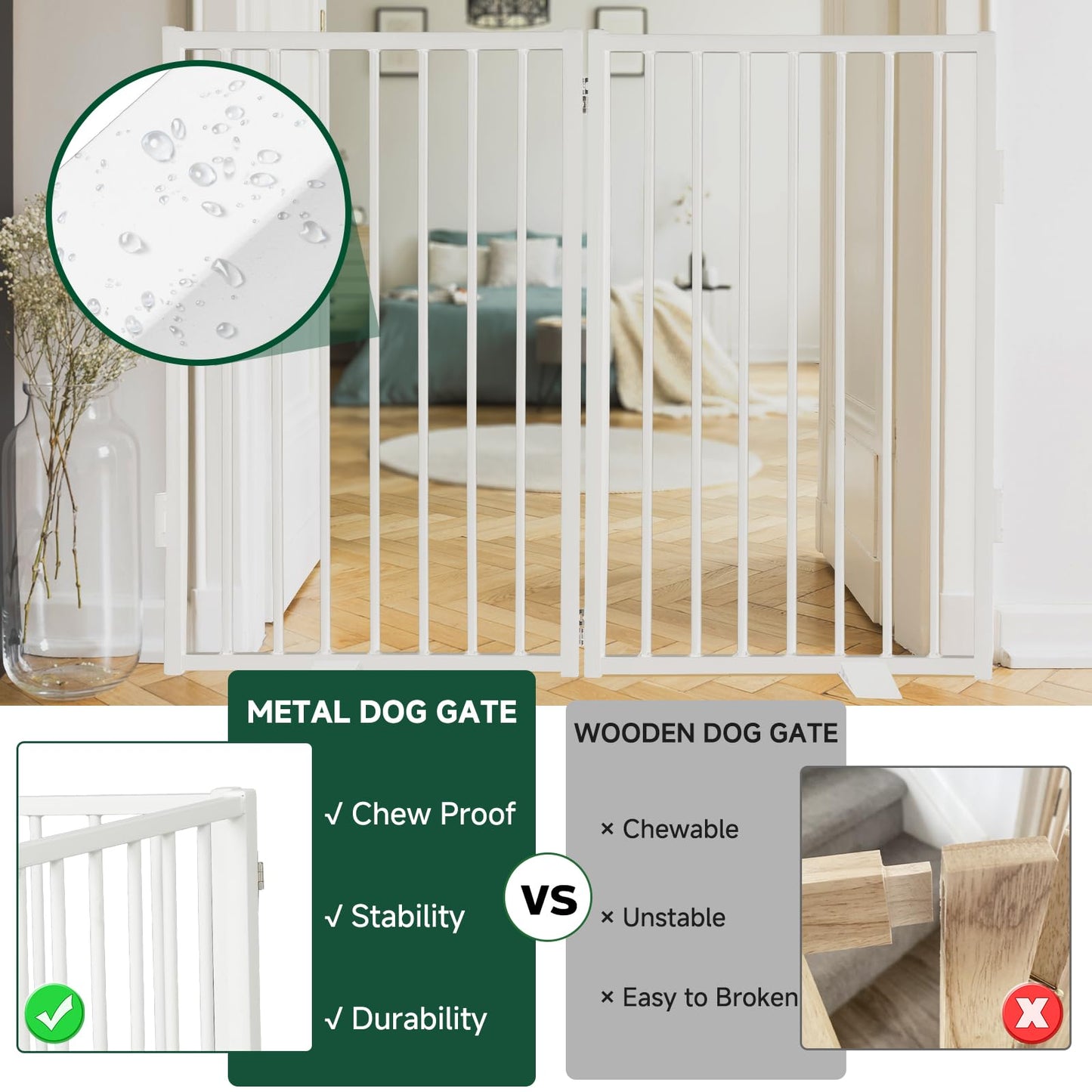 Snagle Paw Full Metal Freestanding Dog Gate,Indoor Outdoor Pet Gate with Floor Protect Support Feet, 40x32 Inches Foldable Dog Fence for Stairs, Hallways and Doorways (32'' H 2 Panel, White)