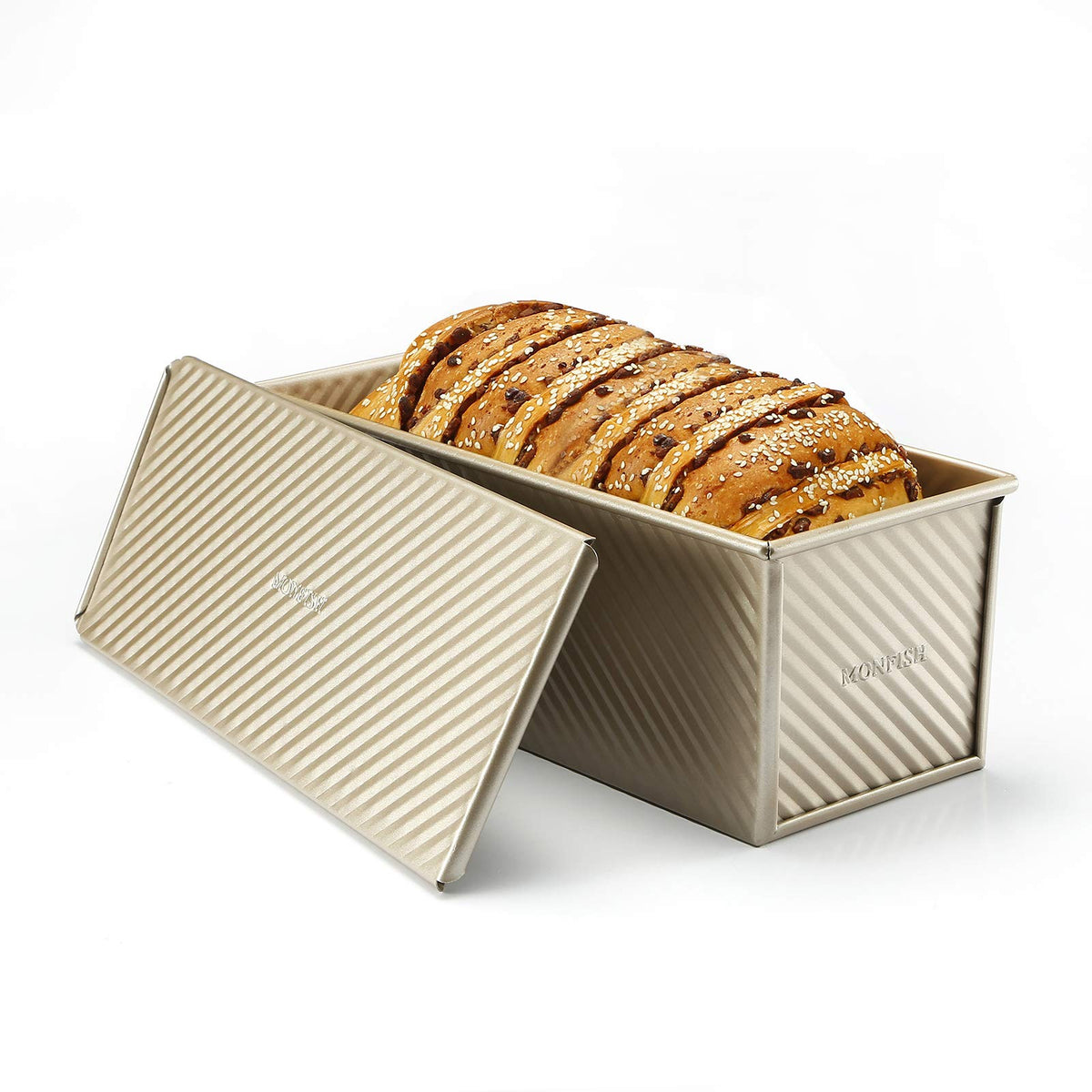 Monfish Loaf Pan w Lid Pullman Bread Pan 2.2lb Dough Aluminumed Steel Commercial Grade Non Stick Loaf Baking Pan (13.385X5.3X4.72INCH)