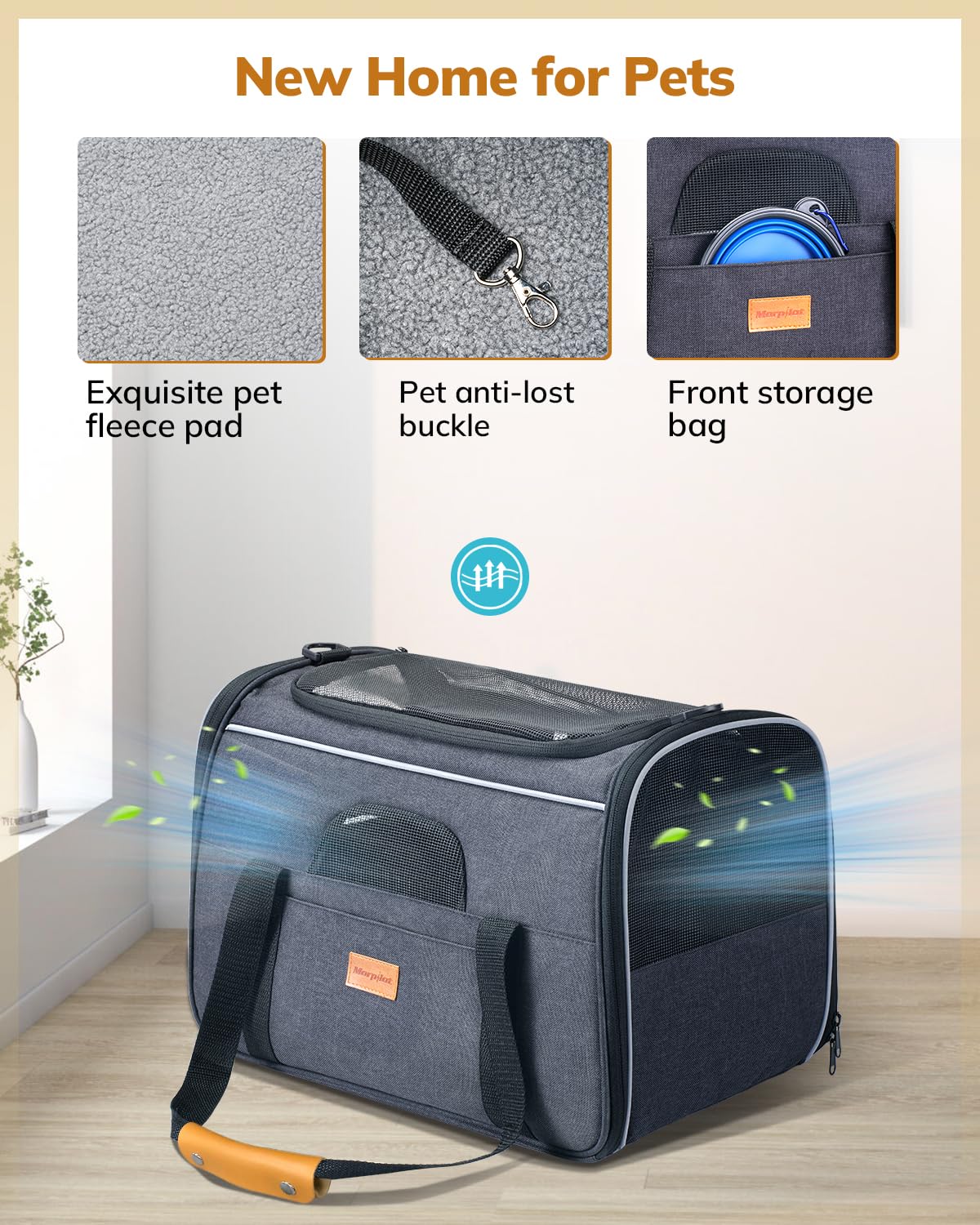 Morpilot Cat Carrier - Soft Sided Cat Carrier Large for Big Medium Cats and Puppy up to 18lbs, Pet Carrier with Safety Zippers, Foldable Bowl, Airline Approved Large Dog Carrier - Dark Gray
