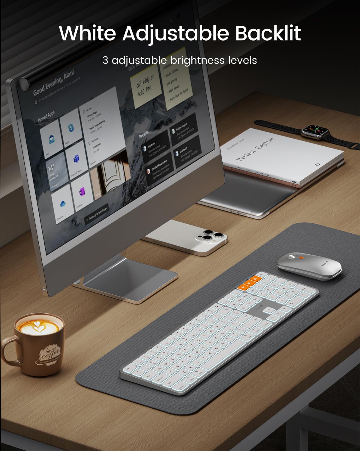 ProtoArc Backlit Bluetooth Keyboard and Mouse for Mac, KM100-A Multi-Device Wireless Keyboard Mouse for Mac, Full Size Rechargeable for MacBook Pro/Air, iMac, iPhone, iPad, White Silver