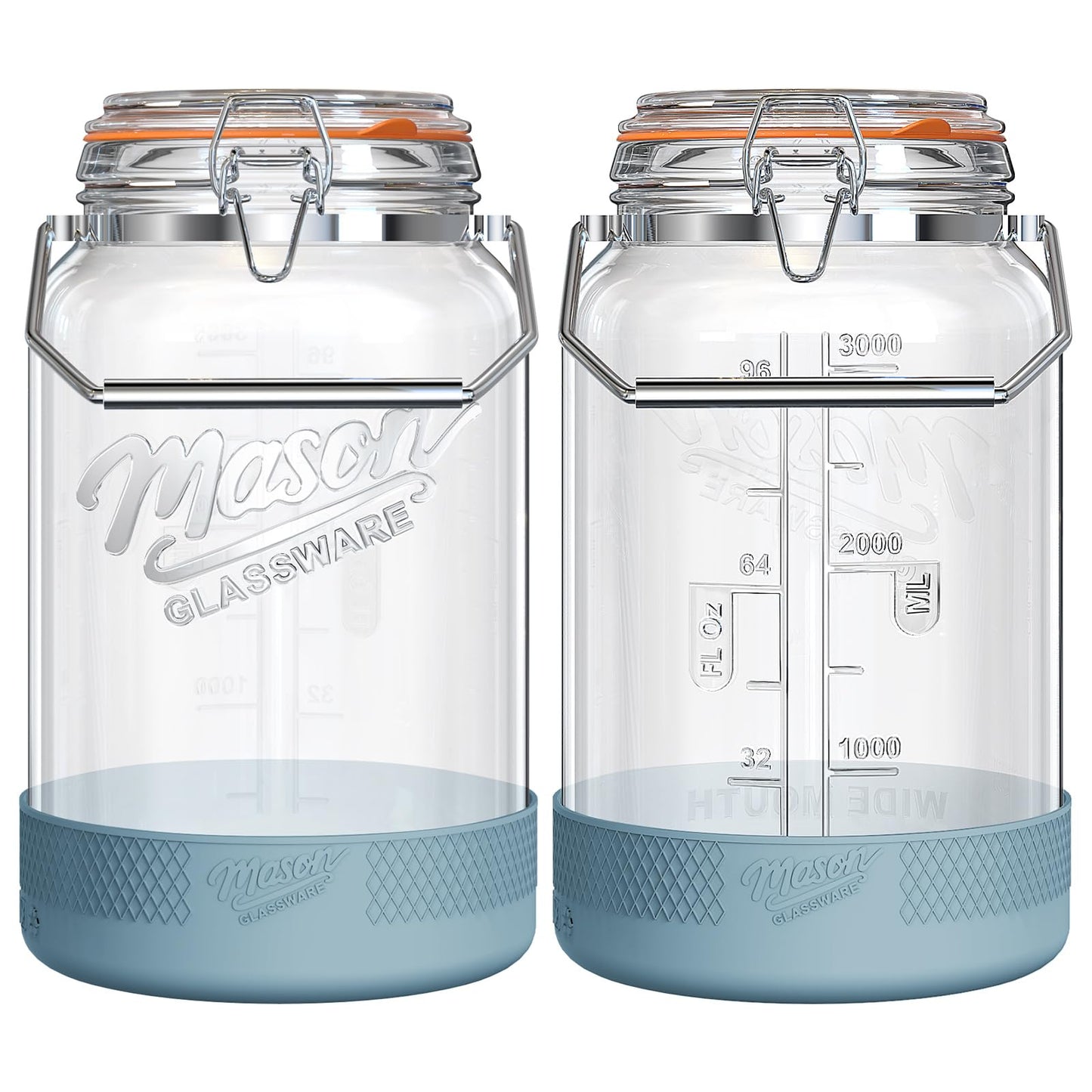 1 Gallon Glass Jars with Airtight Lids 2 Packs, Wide Mouth Mason Jars with Clip Top Lids & Stainless Steel Handle & Silicone Base, Glass Storage Containers for Kitchen Storage, Pickling - Dual Scale
