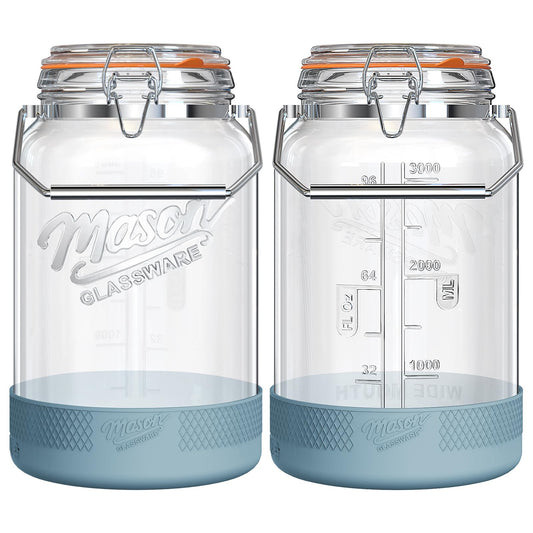1 Gallon Glass Jars with Airtight Lids 2 Packs, Wide Mouth Mason Jars with Clip Top Lids & Stainless Steel Handle & Silicone Base, Glass Storage Containers for Kitchen Storage, Pickling - Dual Scale