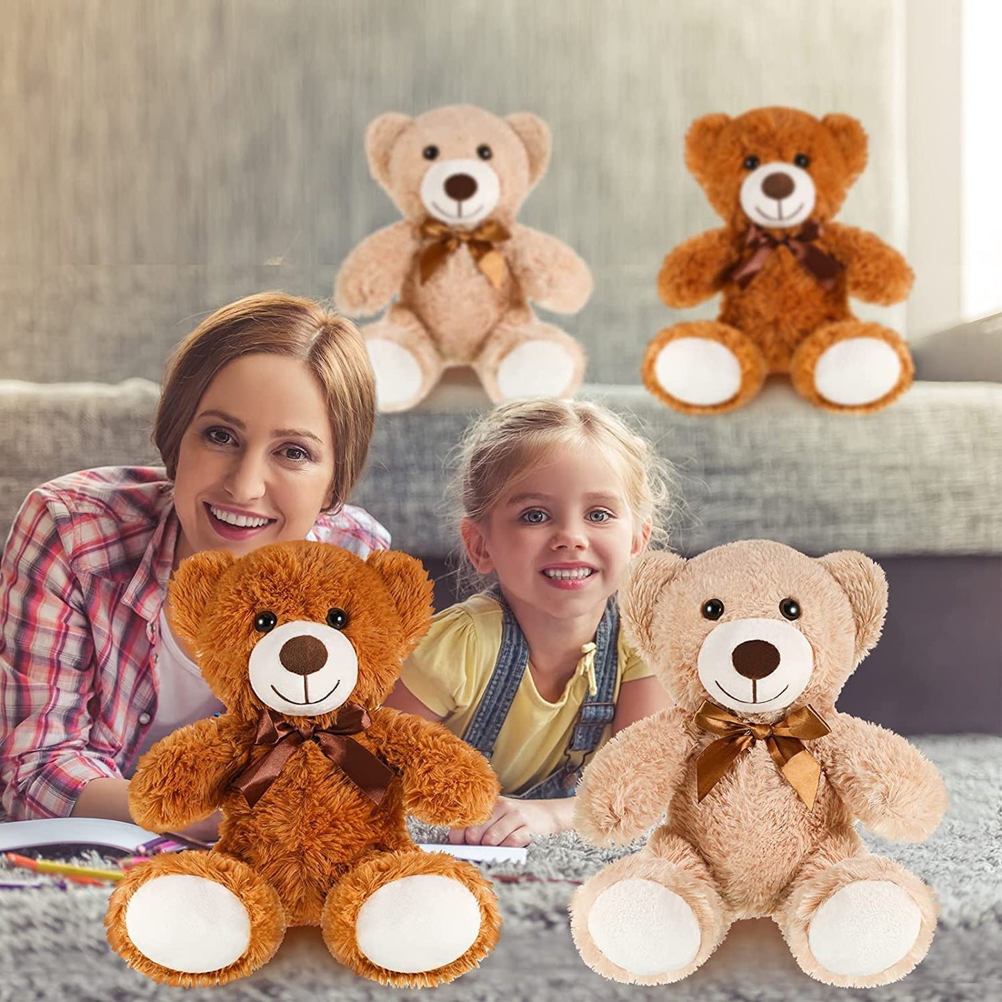4 Packs 14 Inches Bears Plush Stuffed Animals Cute Soft Stuffed Bear Bulk for Girls Boys Girlfriend Gifts (Light Brown, Dark Brown)