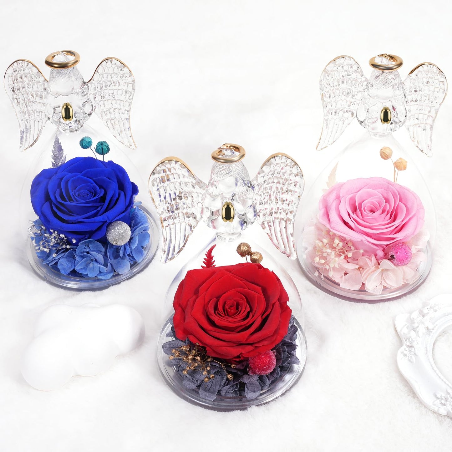 Miofula Preserved Flowers Rose Birthday Gifts for Women, Angel Figurines with Forever Real Rose Gifts for Mom Her Grandma,Unique Angels Gifts for Mothers Day Christmas Valentines Day Anniversary (Red)