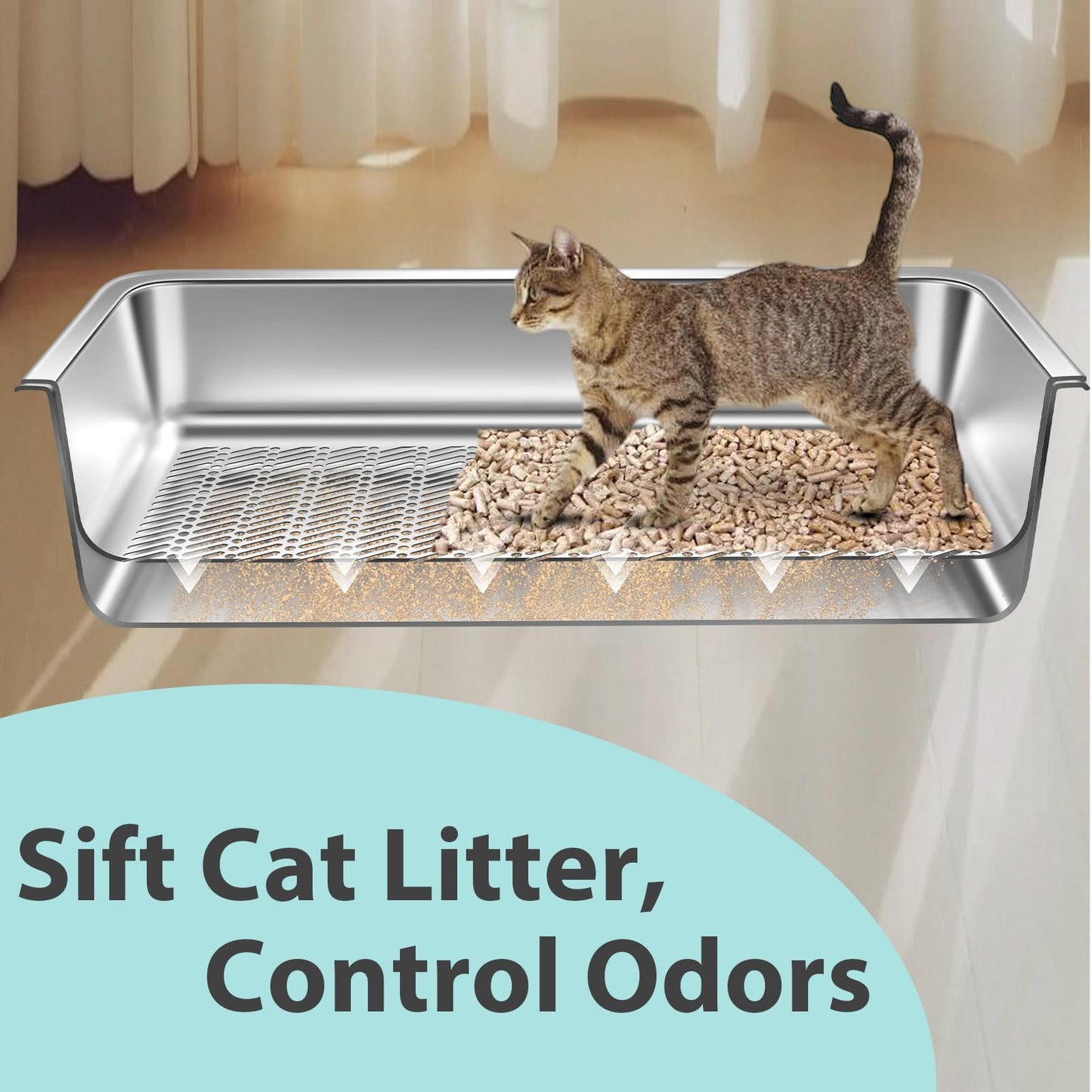 Amibud Stainless Steel Sifting Litter Box for Wood Pine Pellets,50cm Lx 35cm W x 15cm H Extra Large XL Metal Pellet Sifter Litter Pan System for Easy Cleaning Odor Control, Sifting Box Liners & Scoop