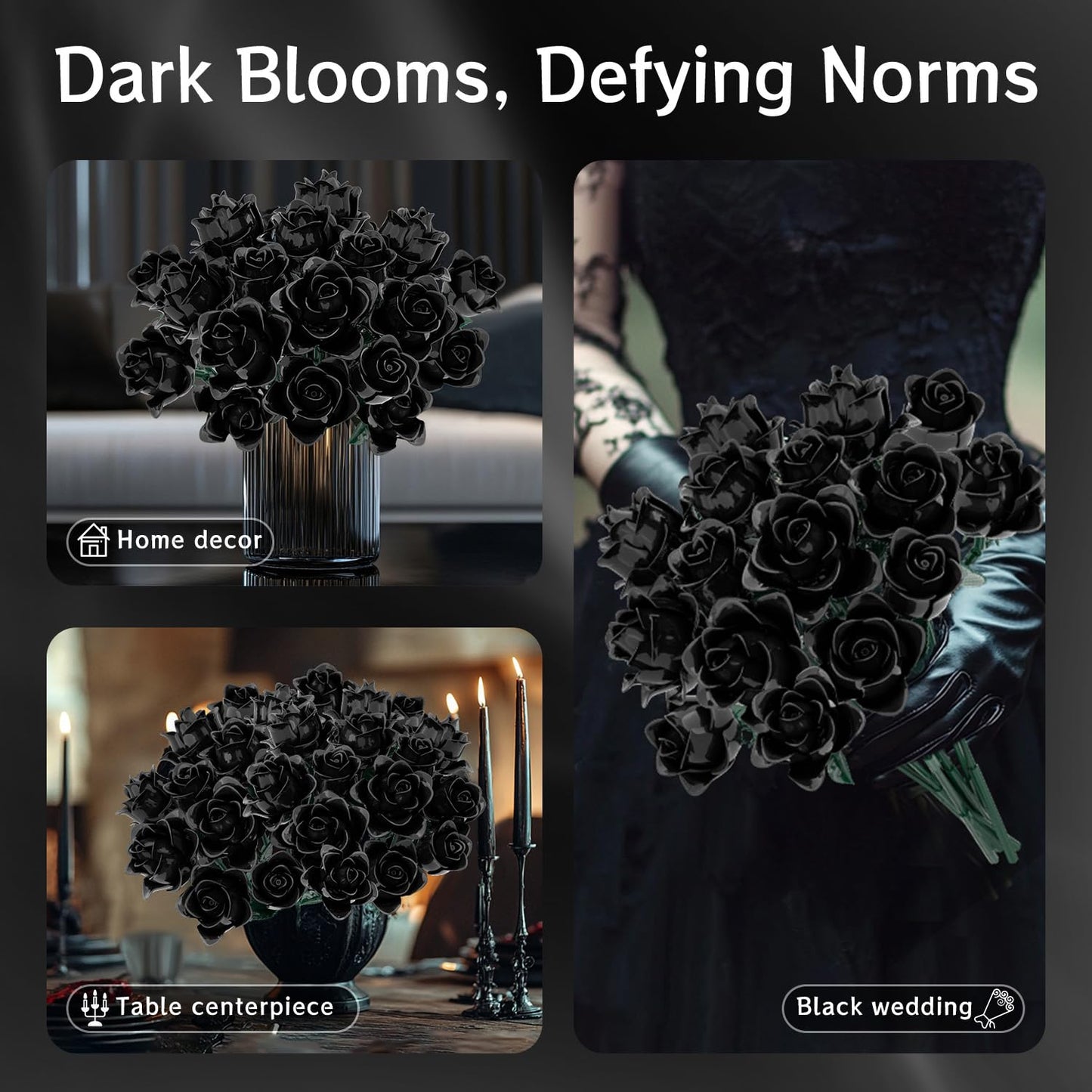 Black Roses Bouquet Building Set, Artificial Flowers Botanical Collection Building Block for Adults, Gothic Decor for Women, Girls, Compatible with Lego Flowers, 11009 (585PCS)