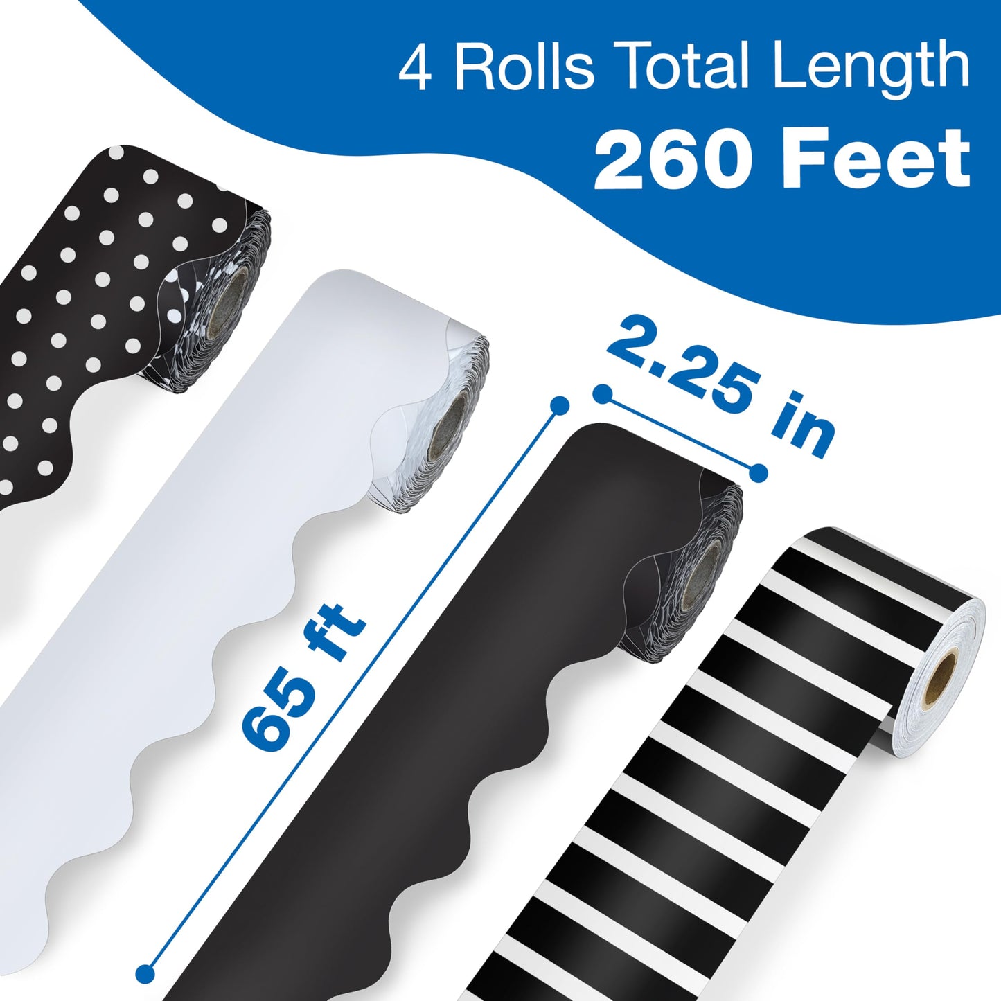 Carson Dellosa 4 Rolls of 260 Ft of Scallop Black and White Bulletin Board Borders, Striped, Polka Dot Black and White Borders for Bulletin Board & Classroom Décor, 65 Ft Per Roll