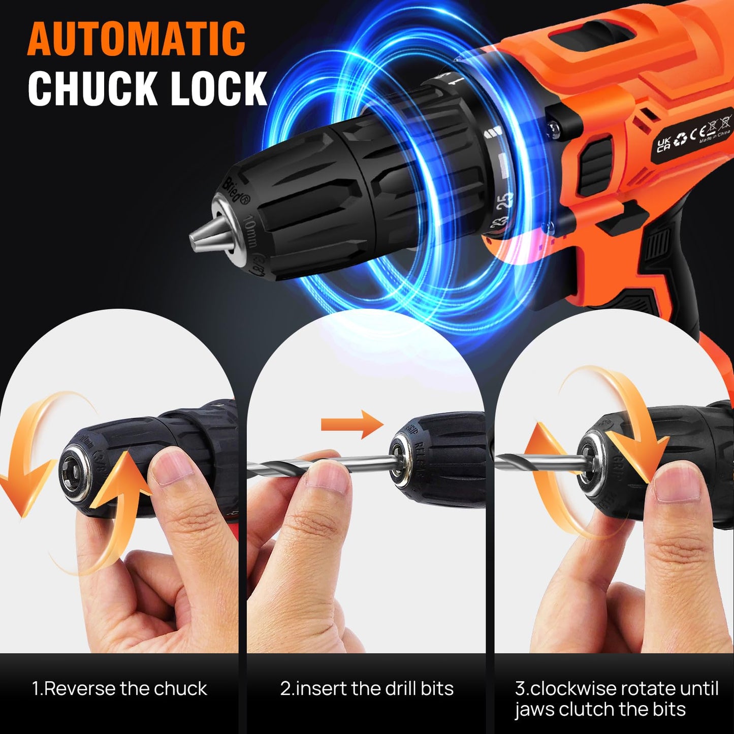 21V Cordless Power Drill with Two Batteries,Electric Screwdriver Drill Set, 2 Variable Speed,25+1 Torque Setting,29PCS Accessories,LED Work Light for Home and Garden DIY Project Kit(45Nm/Orange)