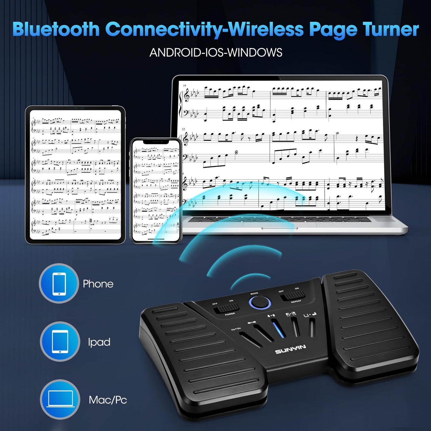 Wireless Page Turner Pedal Buletooth Foot Pedal Music Page Turner for Ipad Phones Tablets Phone Rechargeable Hands-Free（Black)