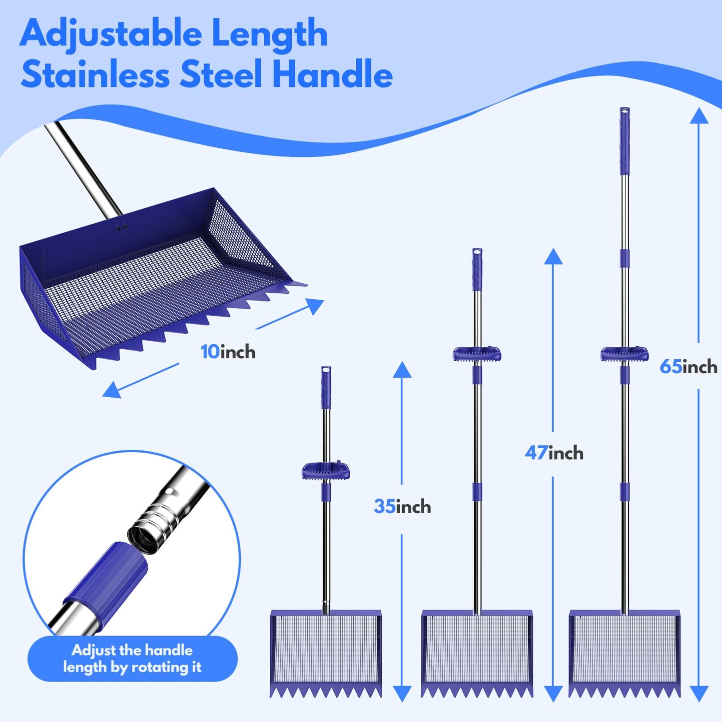 Chicken Poop Scooper & Rake 2-in-1, 304 Stainless Steel Shovel Head, Chicken Litter Scoop with Handle for Chicken Coop & Pet Waste Cleaning, Litter Sifting Shovel (35 to 65")