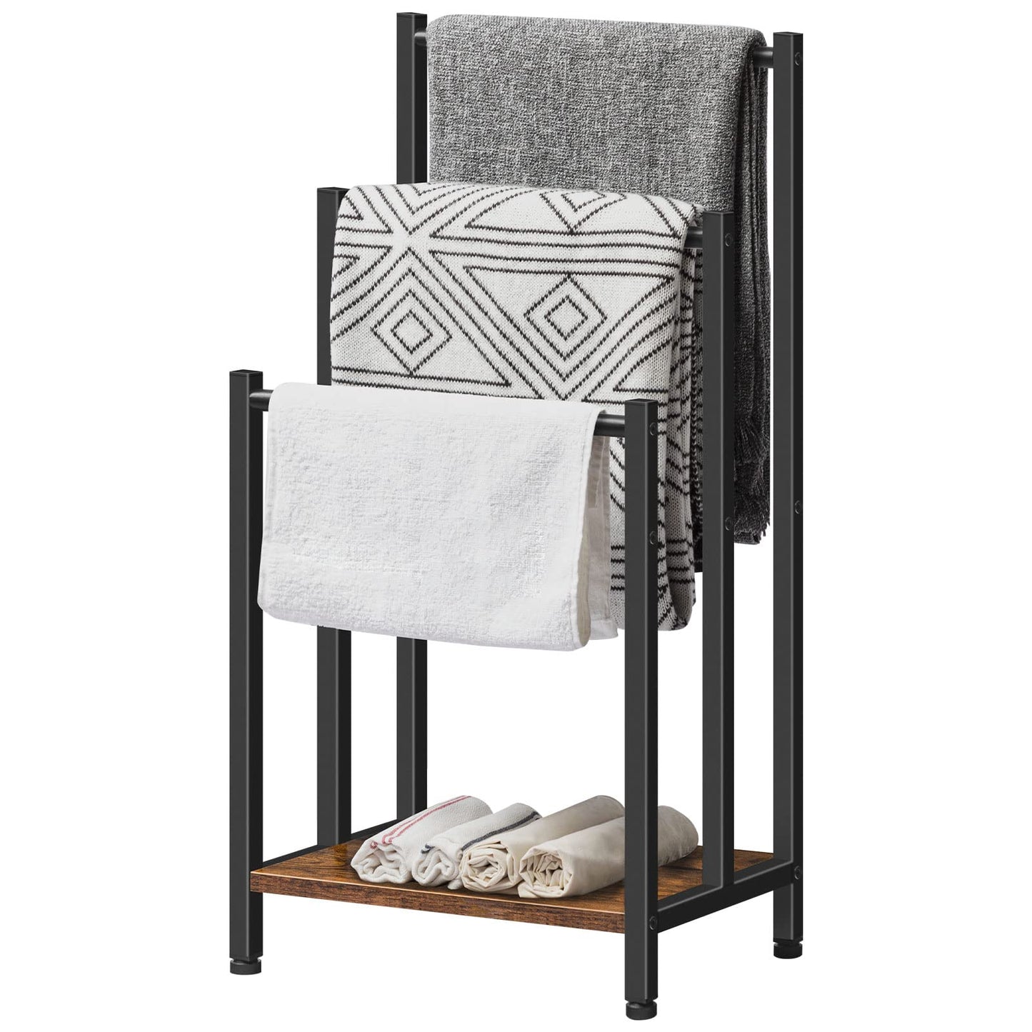 HOOBRO Freestanding Towel Rack, 3 Tier Metal Blanket Rack, Blanket Ladder Holder for Bathroom, 43 x 28 x 81 cm, Industrial Drying and Display Rack with Shelf, Rustic Brown and Black BF03LB01