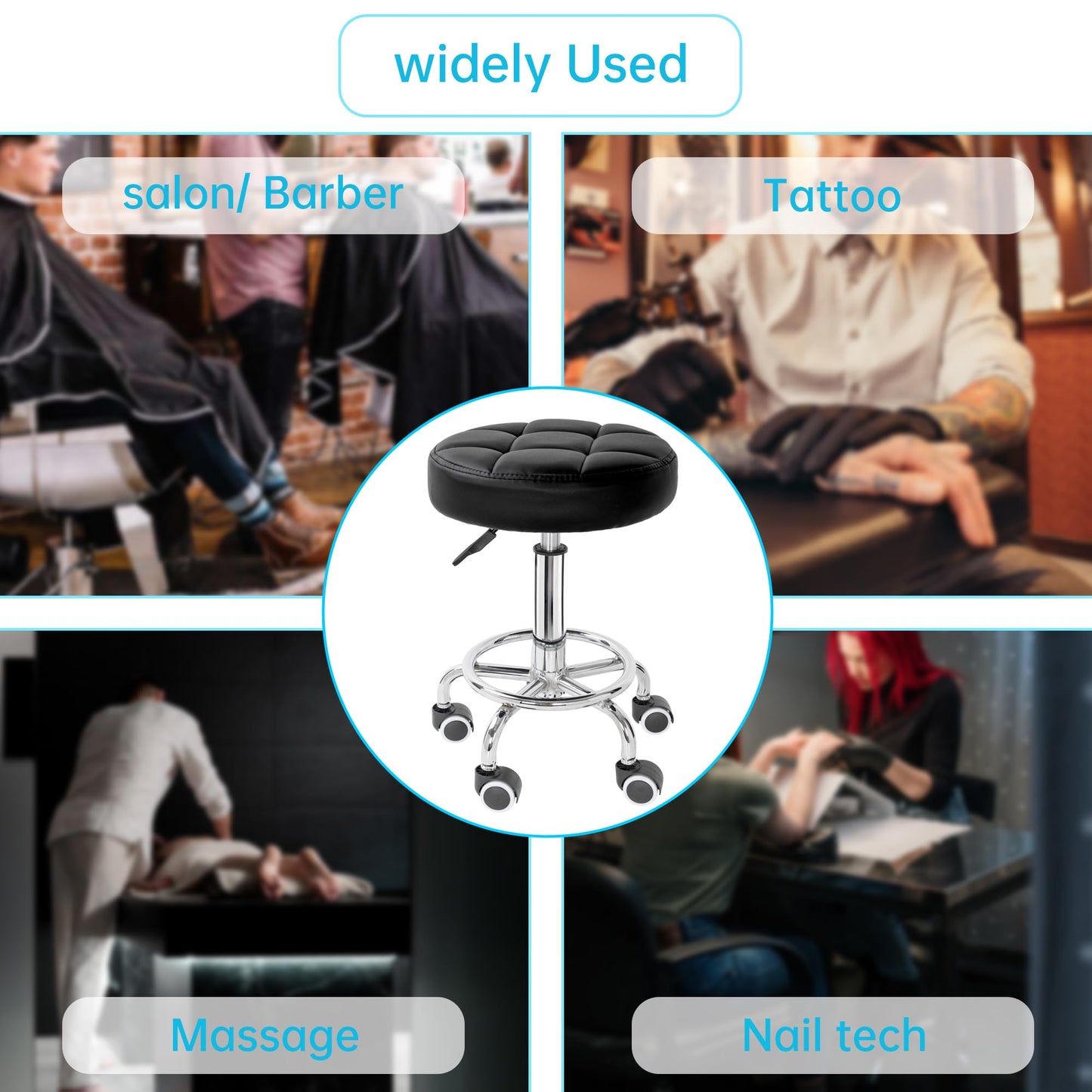 BQKOZFIN PU Leather Modern Round Rolling Stool Adjustable Height Salon Stool for Spa Facial Massage Tattoo (Black)