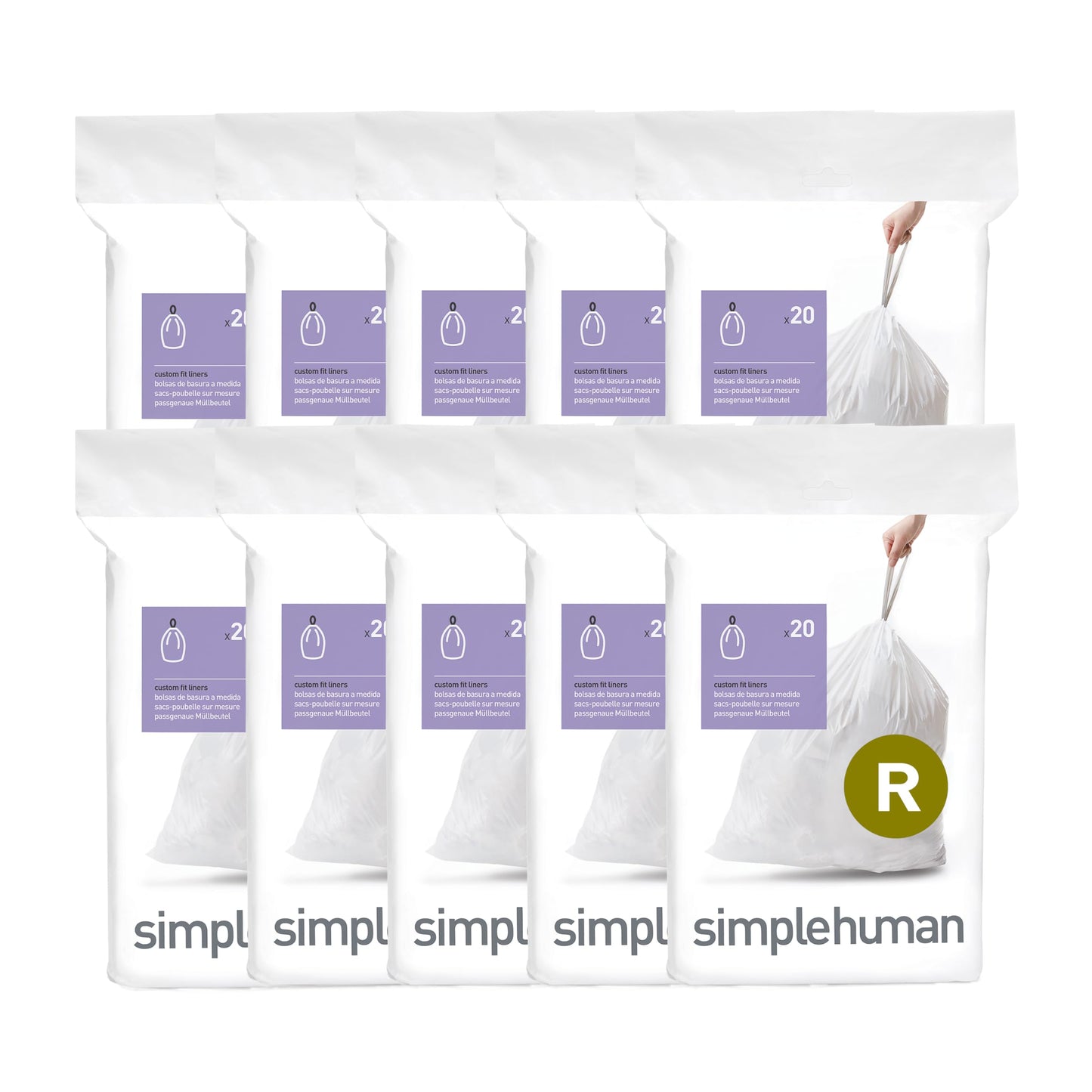 simplehuman Code R 200 Count, Dispenser Pack Custom Fit Liners, Drawstring Trash Bags, 10L / 2.6 Gallons, White