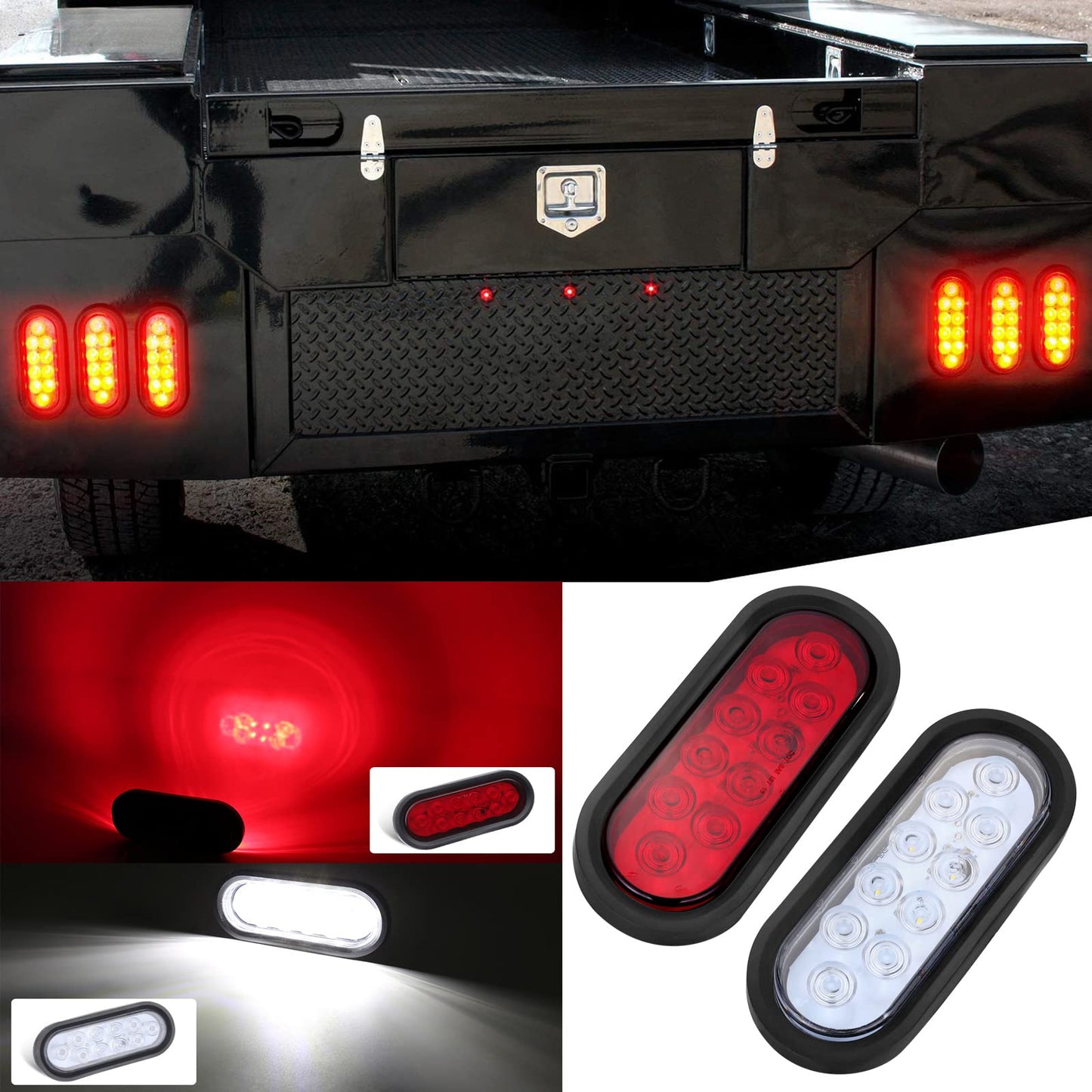 VINAUO 4 Red + 2 White 6" Oval LED Trailer Tail Light Kit, Grommets & 3-pin Water Tight Plugs Included, Stop Brake Turn Reverse Back Up Trailer Lights IP67 Waterproof for Trailer RV Truck Jeep