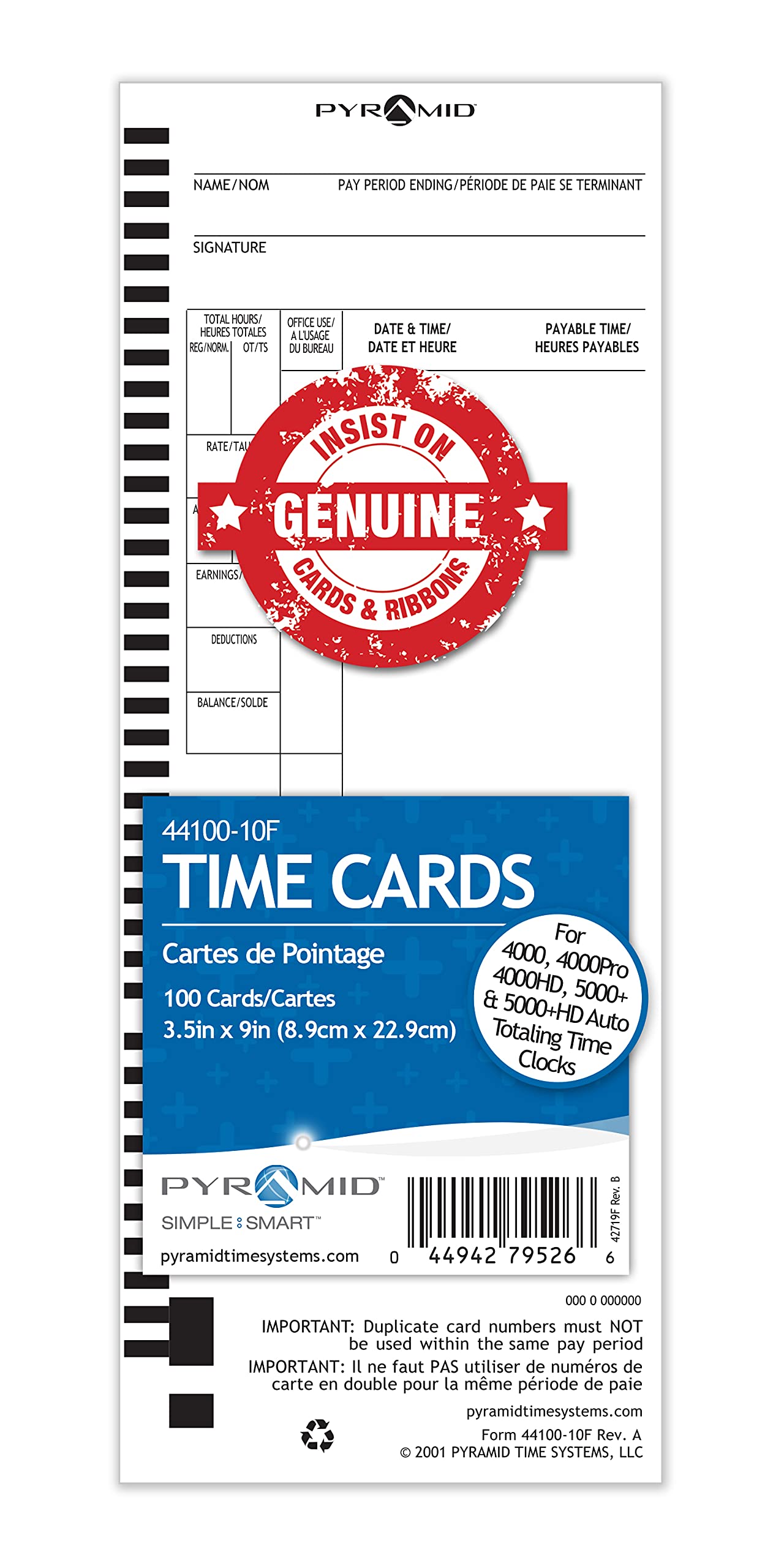 Pyramid Time Systems - Genuine and Authentic English and French Time Cards (44100-10F) for Pyramid Models 4000, 4000HD, 4000pro, 5000 and 5000HD Time Clocks - 100 Time Cards