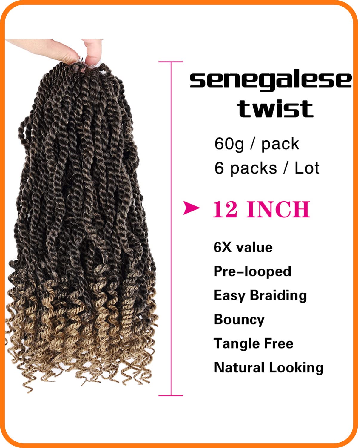 12 Inch Wavy Senegalese Twist Crochet Hair for Black Women 6 Packs Braids Wavy Ends Synthetic Hair Extension Curly Crochet Twist Braiding Hair (T27#, 12 Inch)