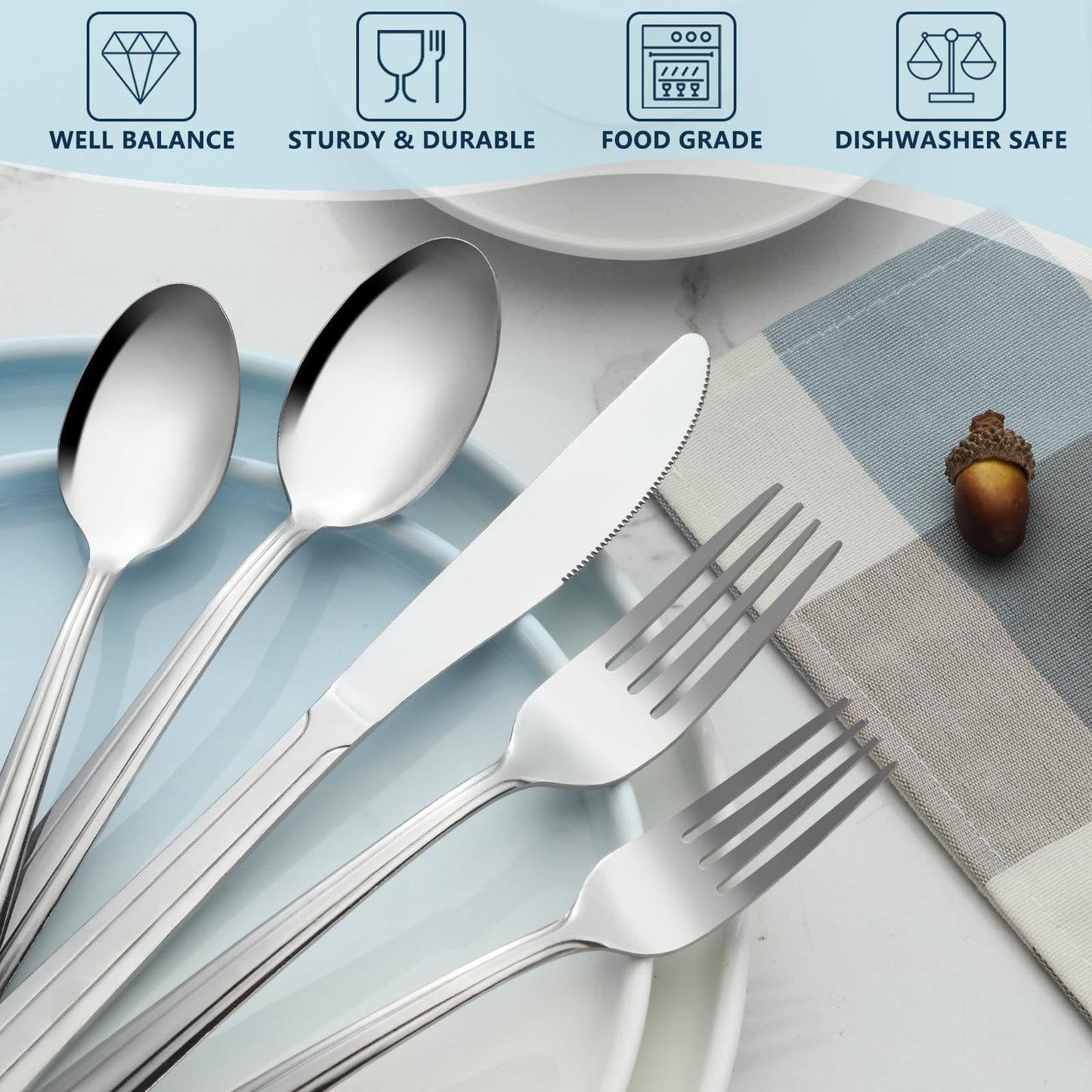 BEWOS 60-Piece Silverware Set, Stainless Steel Silverware Sets for 12, Forks Spoons and Knives Set, Cutlery Set, Mirror Polished Flatware Set, Dishwasher Safe Kitchen Utensils Set for Home, Restaurant