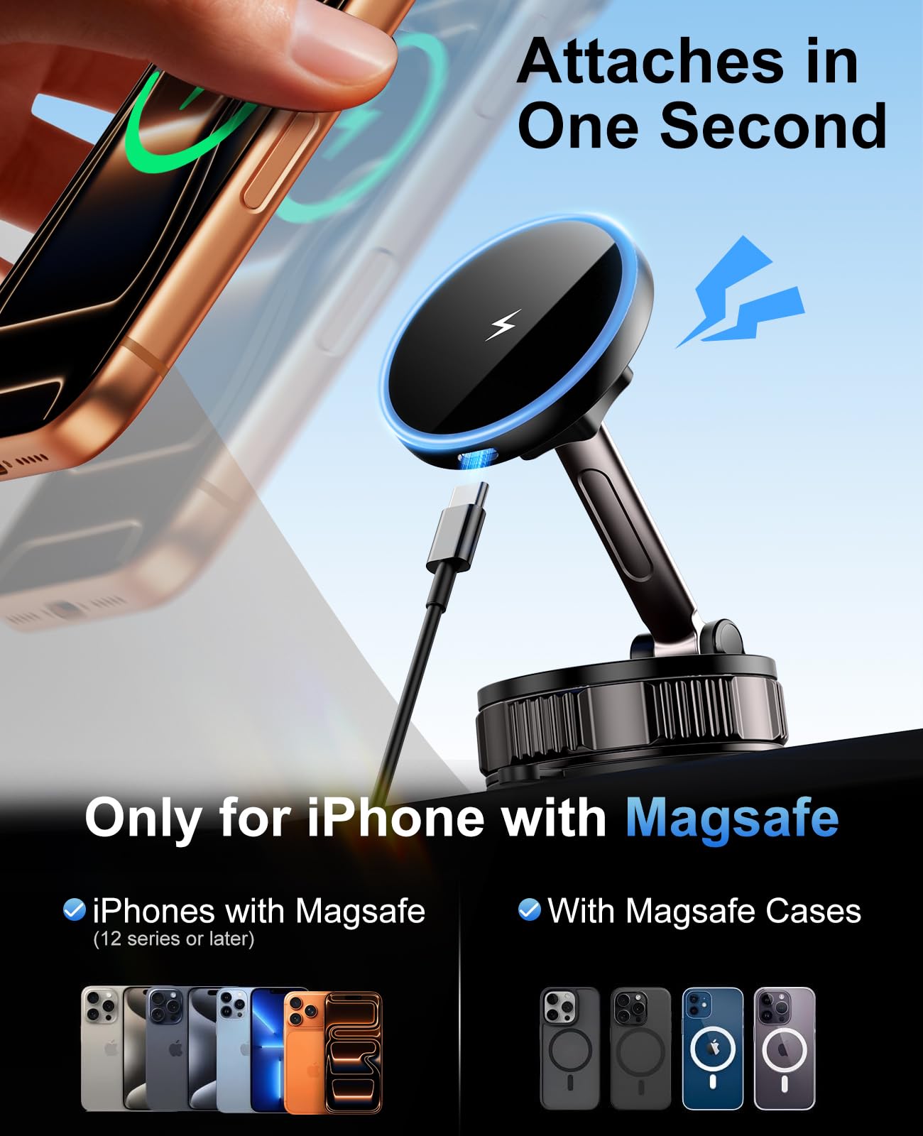 15W for MagSafe Car Mount Charger, Magnetic Wireless Car Charger, Strongest Vacuum Suction & Strongest Magnetic, 360° Adjustable Car Phone Holder Mount for iPhone 17 16 15 14 13 12 Series, Samsung S26
