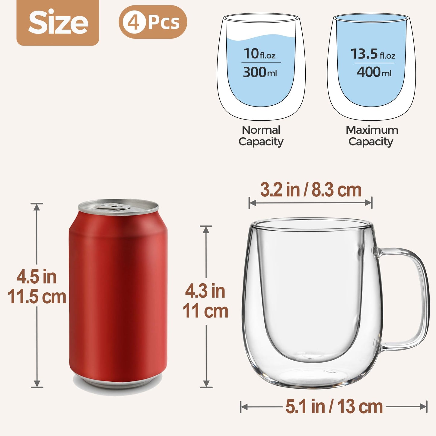 Yopinmall 12OZ Glass Coffee Mug Set of 4 - Double Walled Mugs with Large Handle Iced/Hot Insulated Glasses Cup for Espresso Latte Cappuccino Americano Tea Dishwas Dishwasher Safe