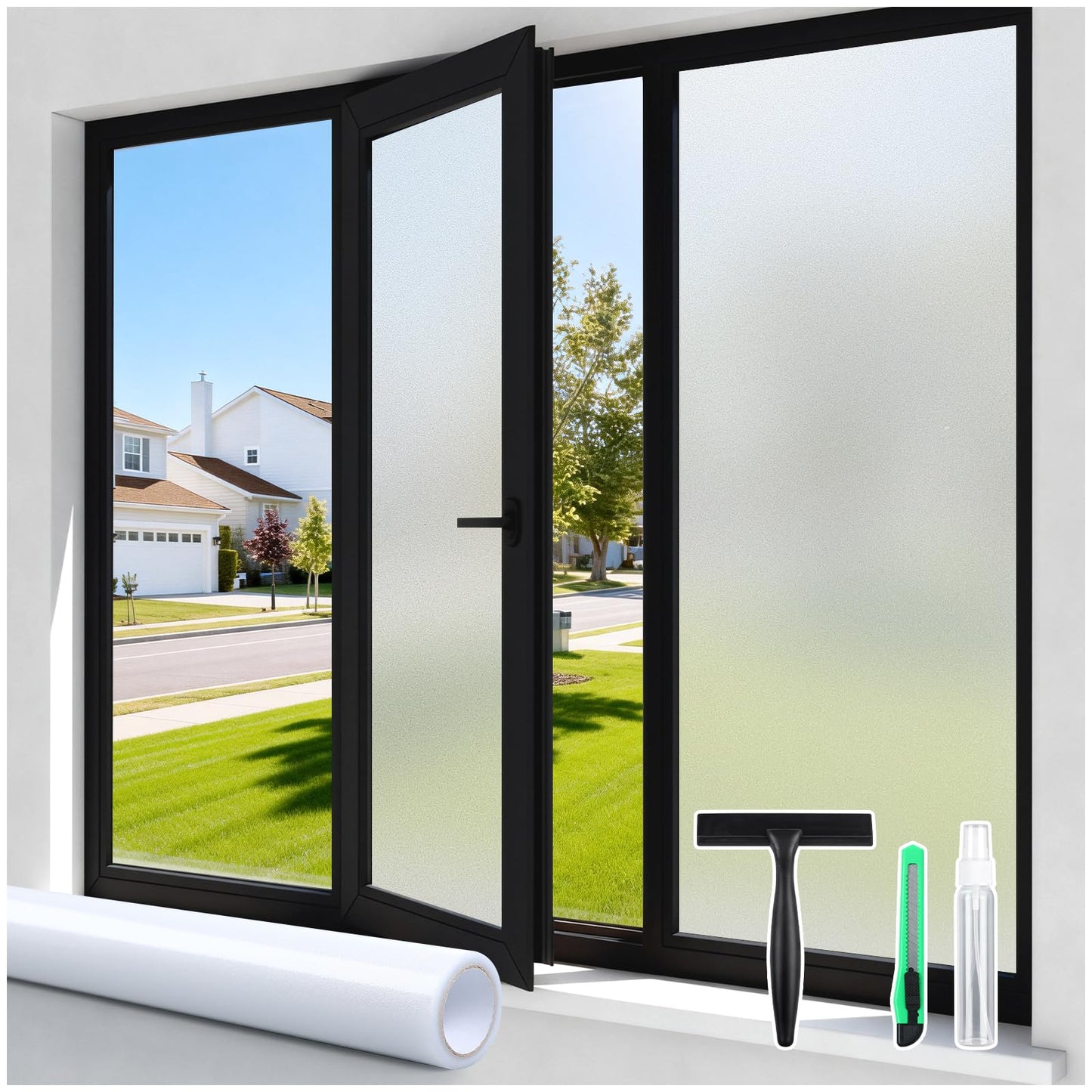 DOWELL Frosted Window Films for Privacy, Removable Privacy Film with Installation Tools, Static Cling No Glue Sun Blocking Window Covering for Bathroom, Bedroom, Office, Glass Doors, 90 x 200 cm