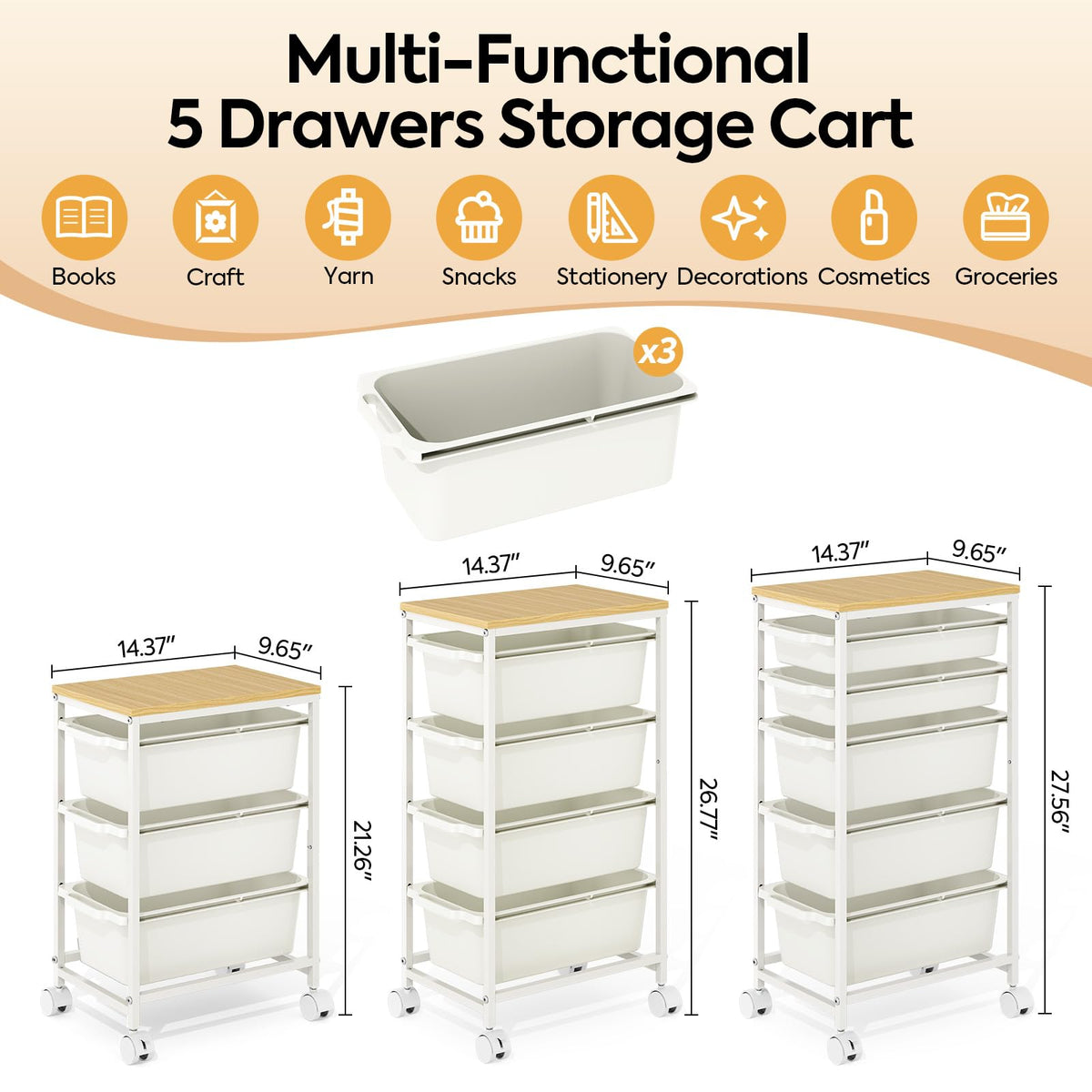 Rolling Storage Cart with 3 Drawers, Craft Organizer, Wooden Tabletop Utility Cart for Bedroom, Children's Room and Office Organization, Under Desk Trolley with Lockable Wheels, White