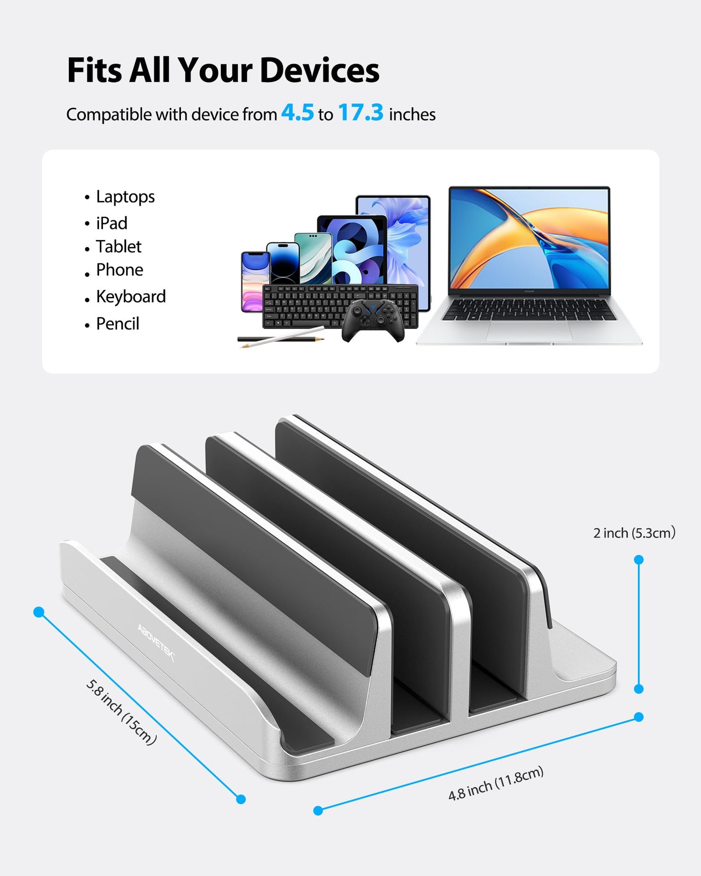 Vertical Laptop Stand - AboveTEK - 3 Slots for Computer, Tablet, Phone - Fits All Laptop Models (up to 17.3") - Heavy Duty Polished Aluminum Desktop Holder - Anti Slide Silicone Grips - Silver
