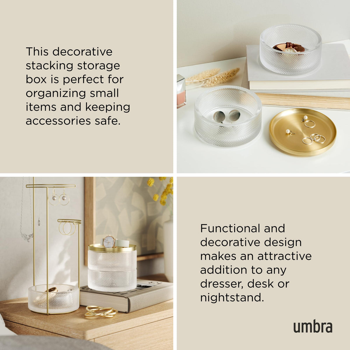 Umbra Tesora Jewelry Box, Necklace and Earring Holder, Accessory Organizer Display with Two Stacking Glass Compartments and Metal Lid, Brass